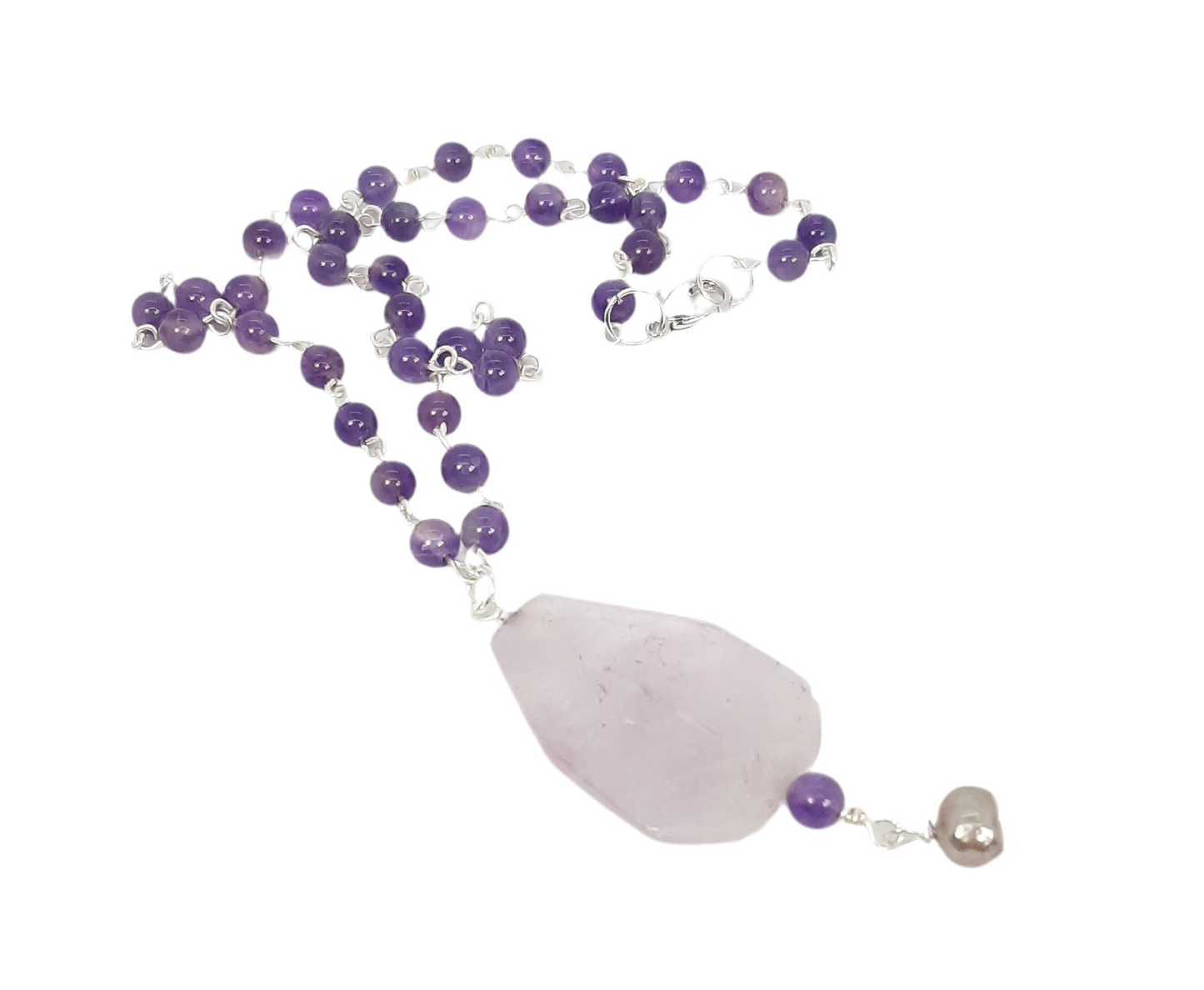 Amethyst Handmade Chain + Flourite Pendant+ Freshwater Pearl Drop Necklace