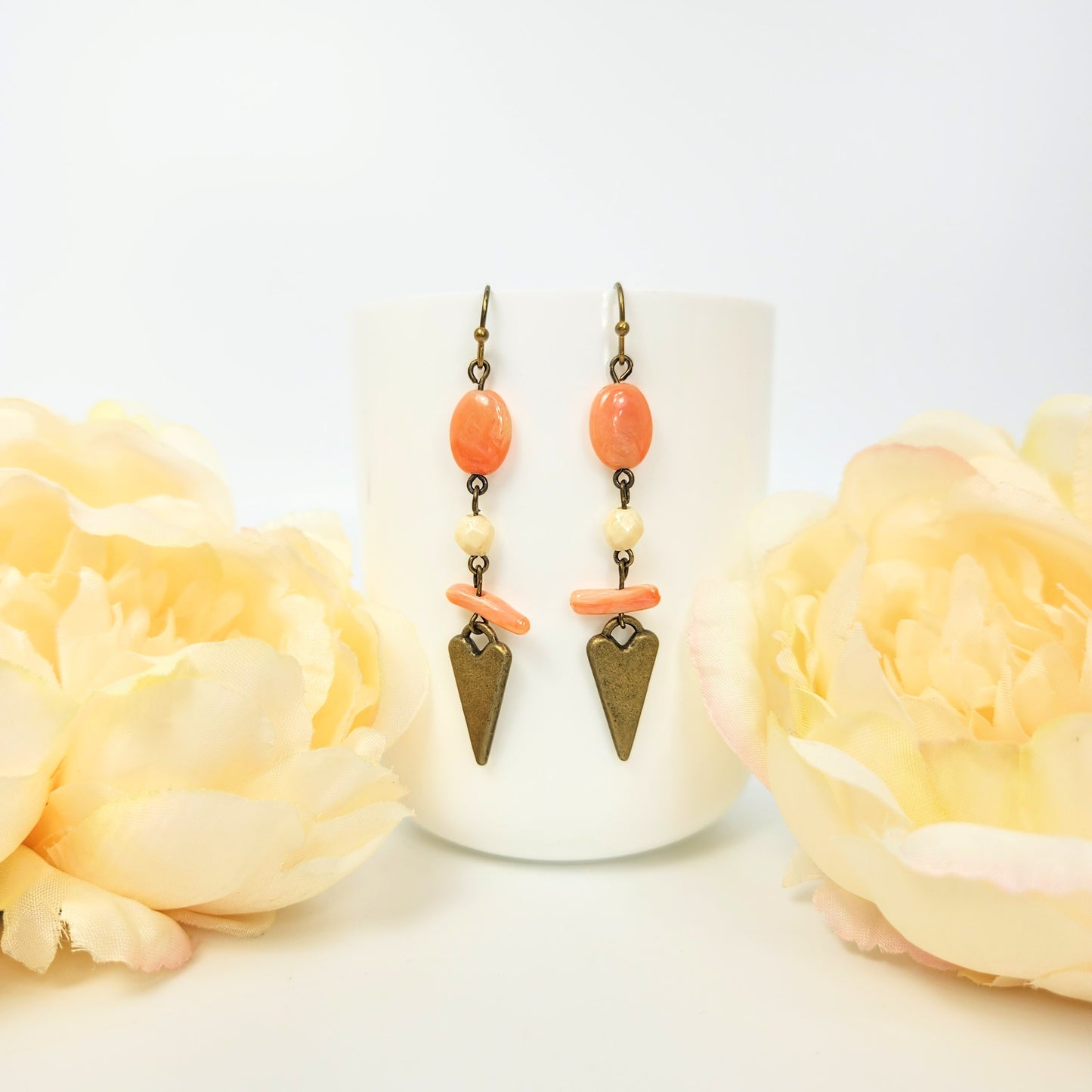 Peach + Ivory + Heart Dangle Earrings