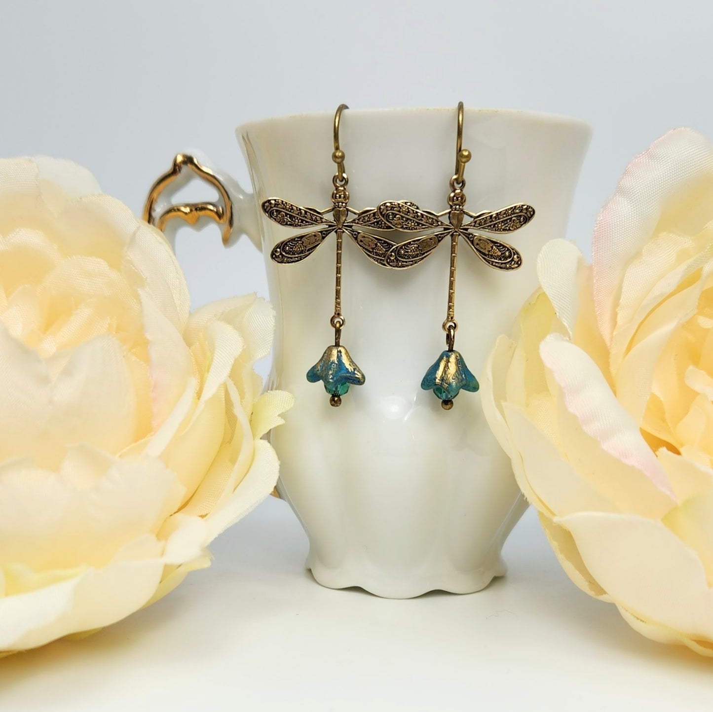 Dragonfly + Bell Flower Drop Earrings