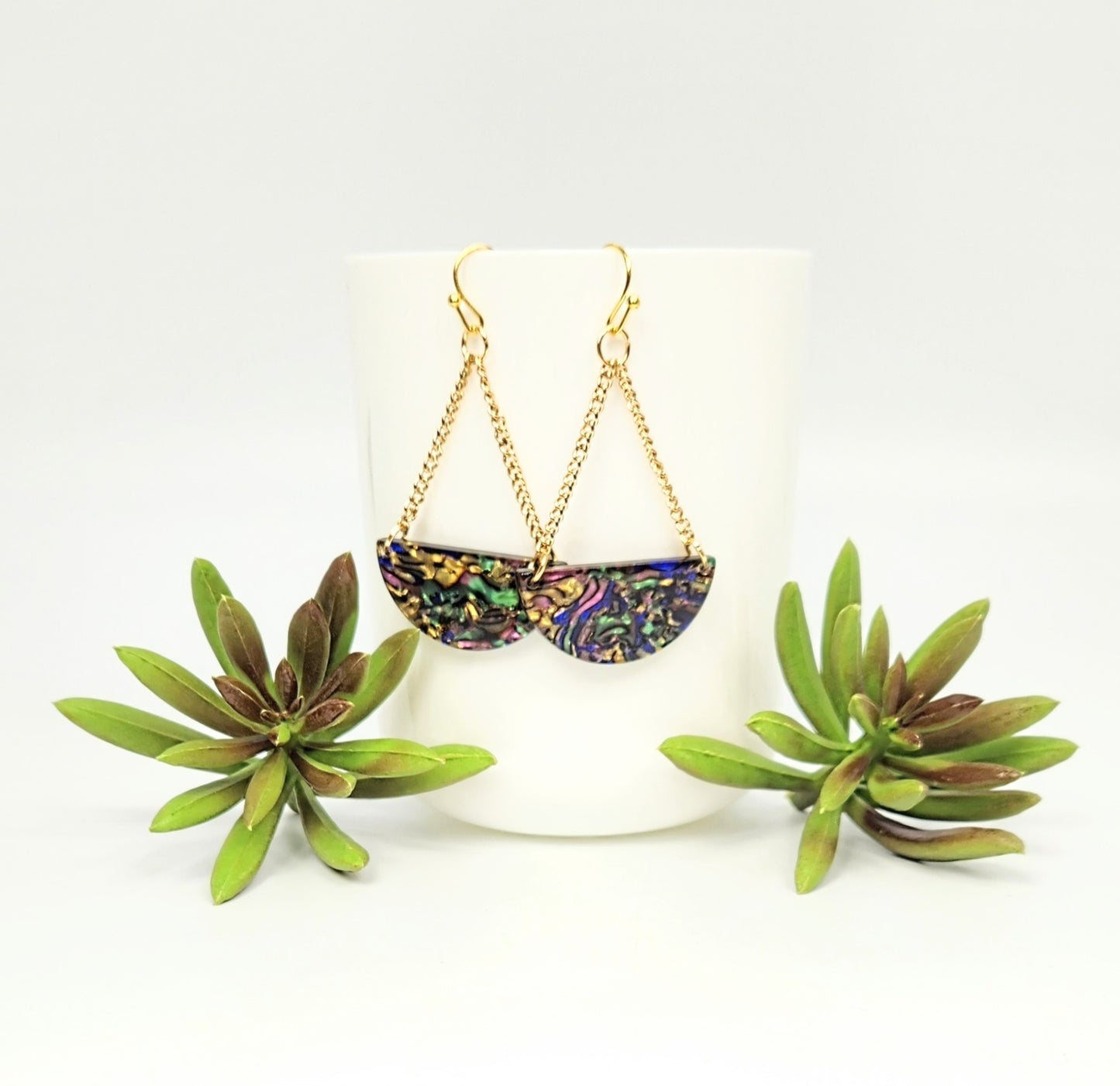 Acetate Semicircle Abalone + Chain Earrings