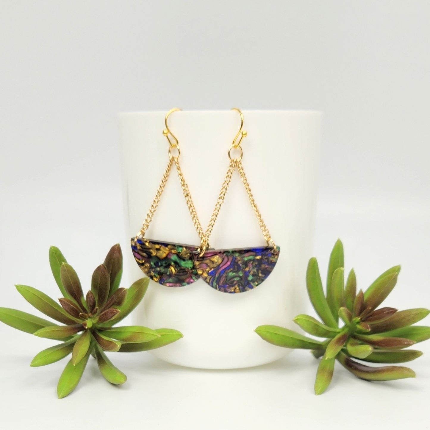 Acetate Semicircle Abalone + Chain Earrings