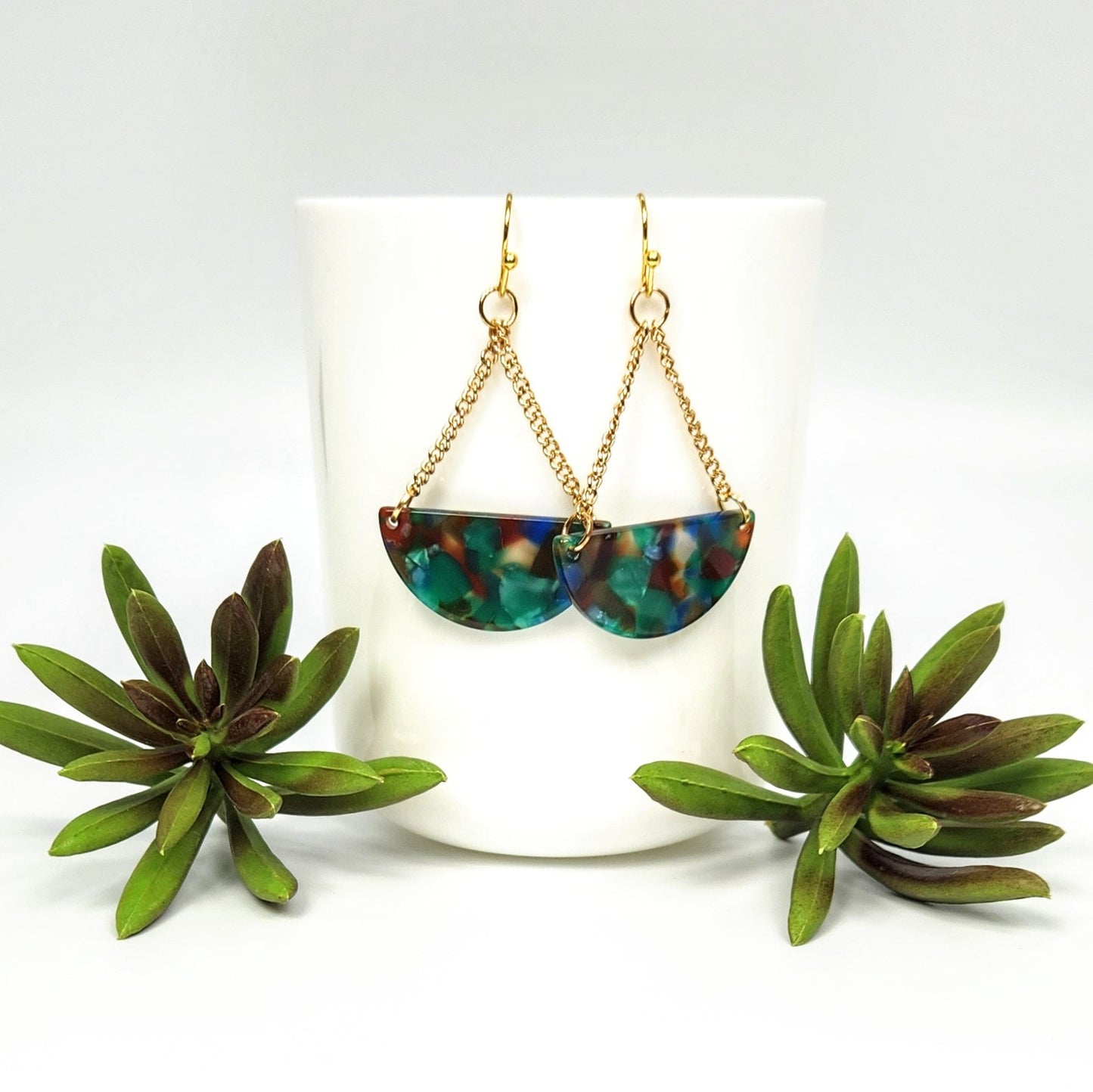 Acetate Semicircle Green + Chain Earrings