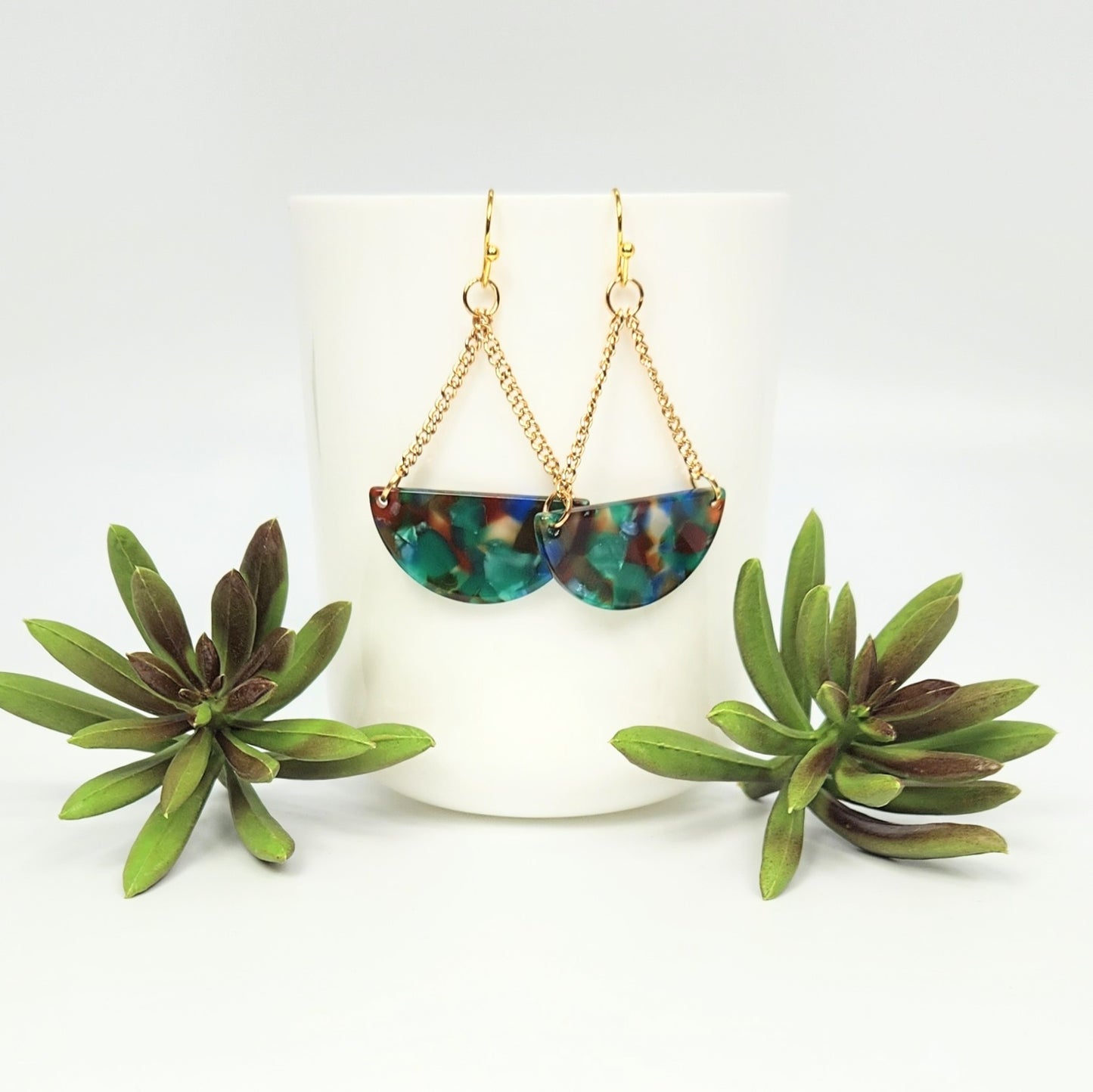Acetate Semicircle Green + Chain Earrings