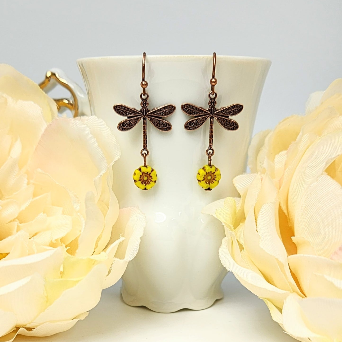 Tiny Dragonflies + Flower Drop Earrings