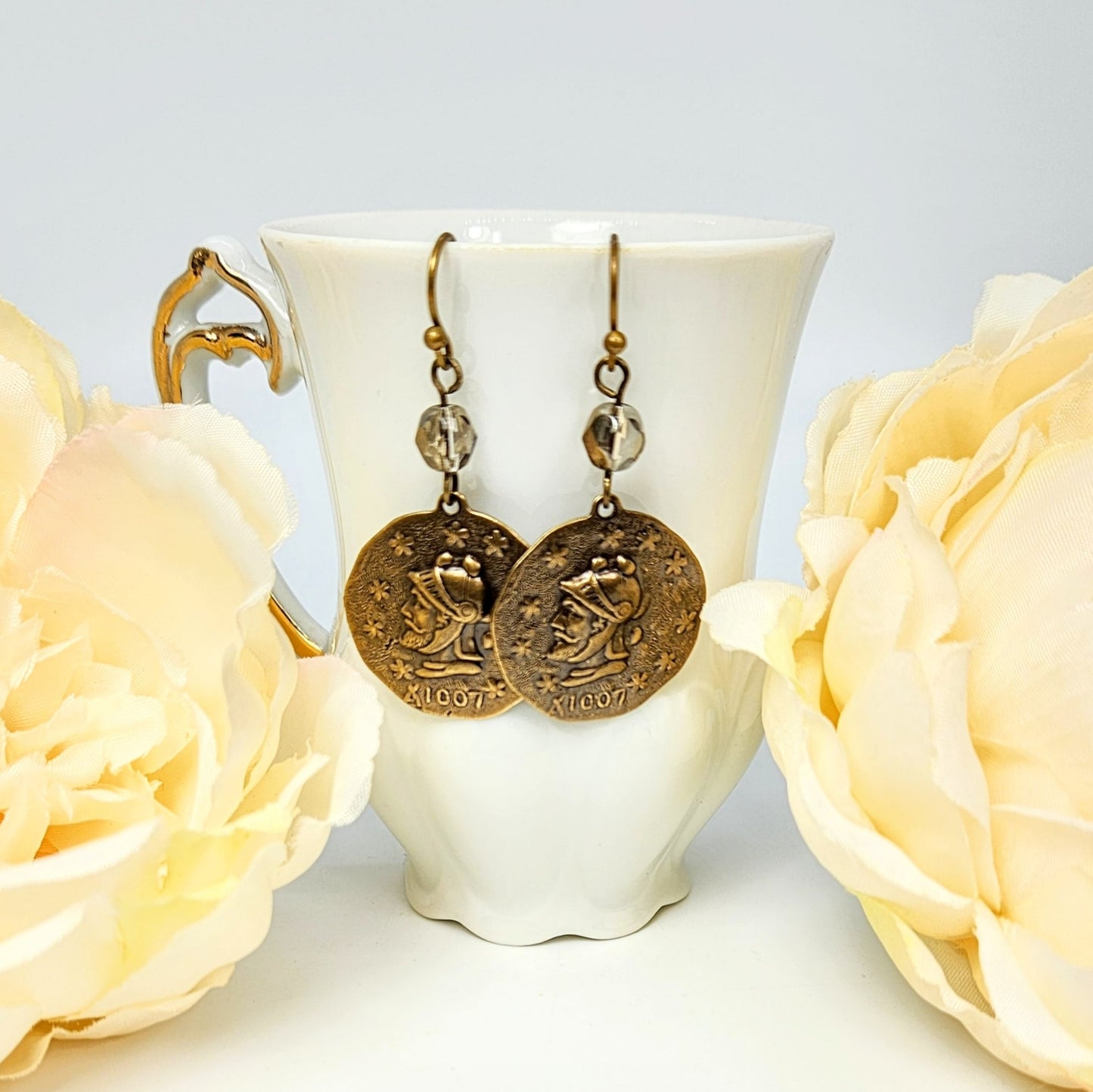 Roman Coin + Clear/Bronze Earrings