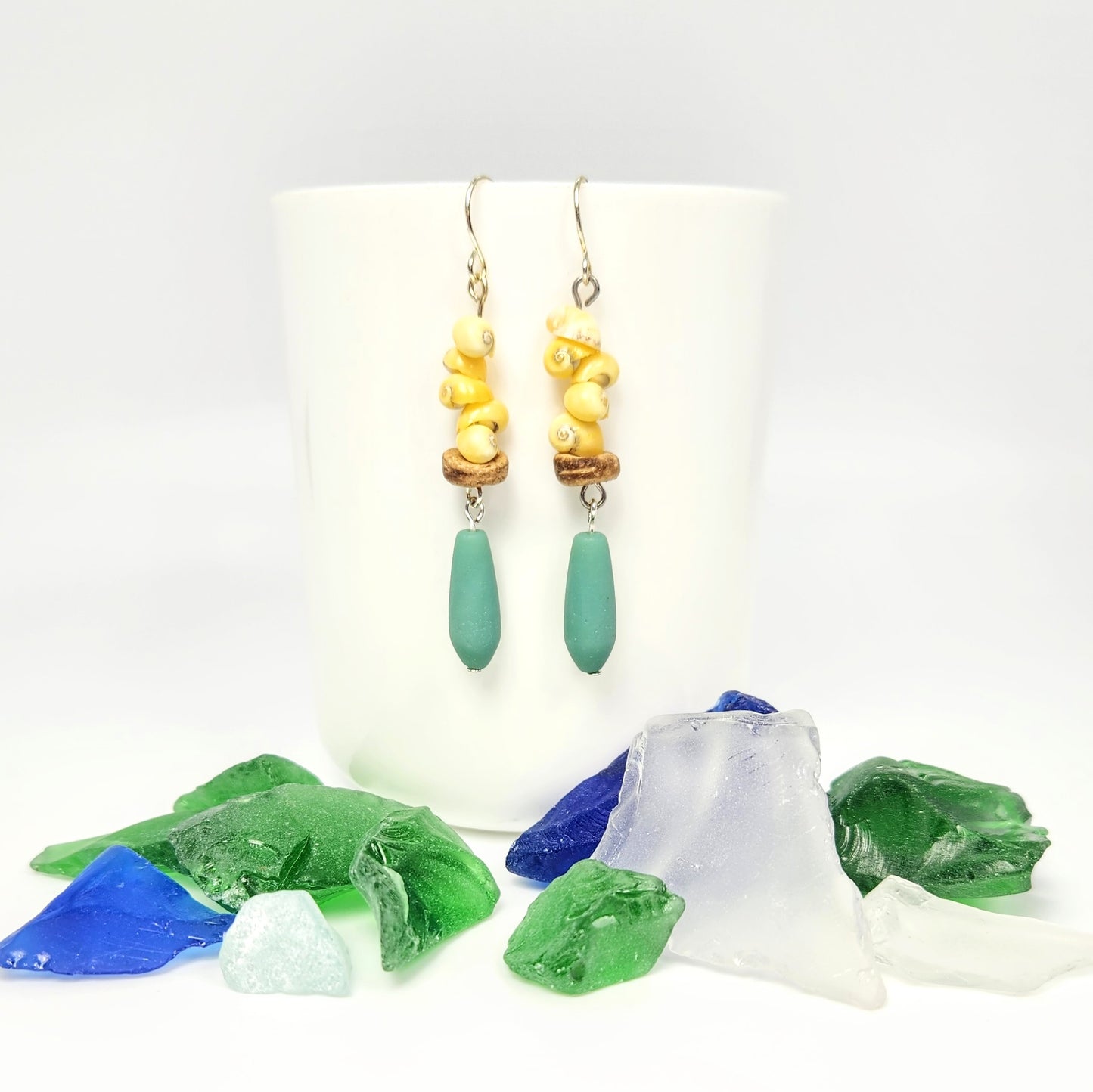 Snail Shells + Recycled Glass Teardrop Earrings