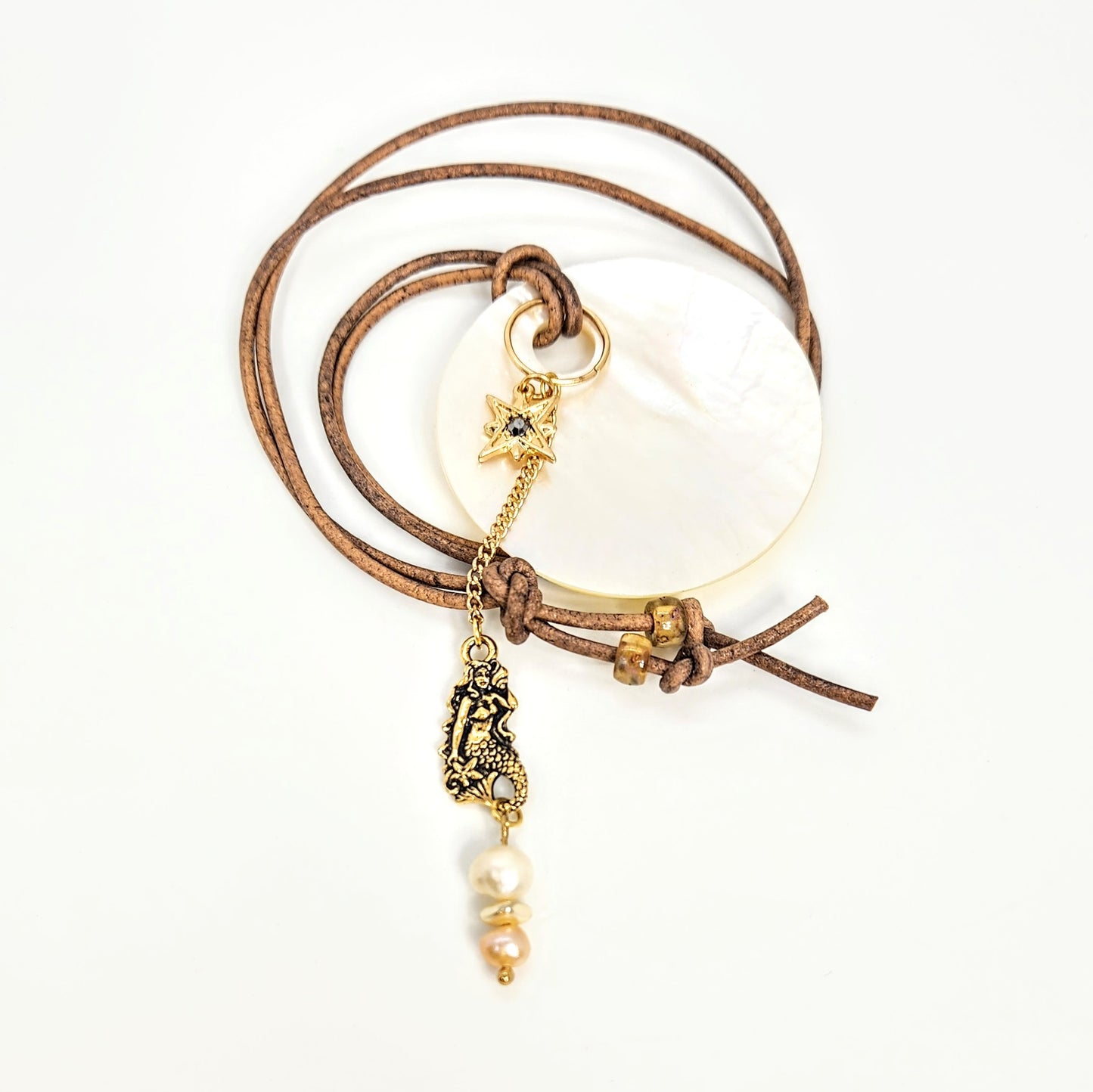 Shell + Mermaid Pendant + Leather Necklace