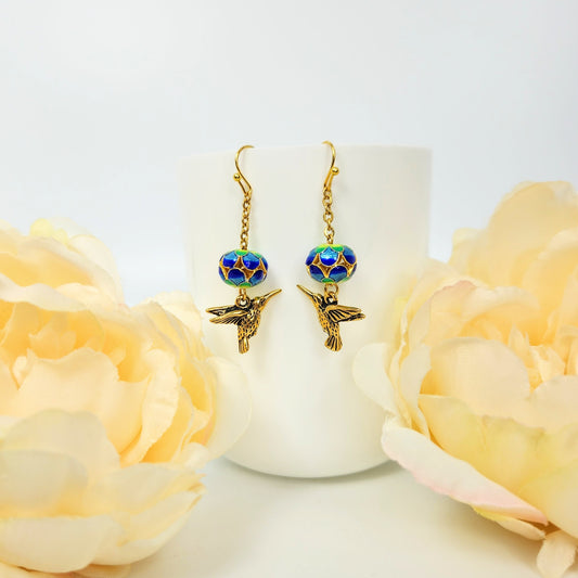 Cloisonne Flower + Humming Birds Earrings