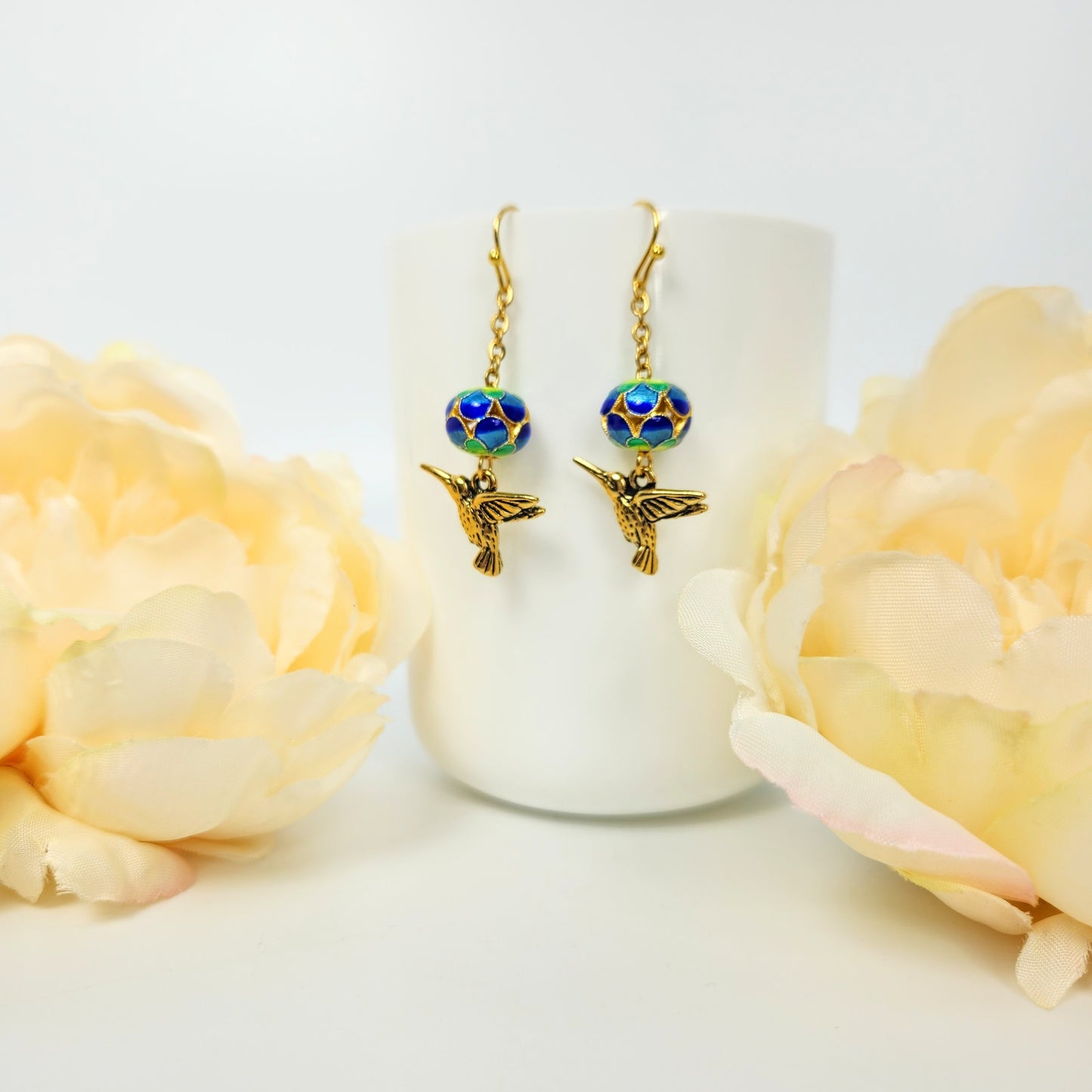 Cloisonne Flower + Humming Birds Earrings