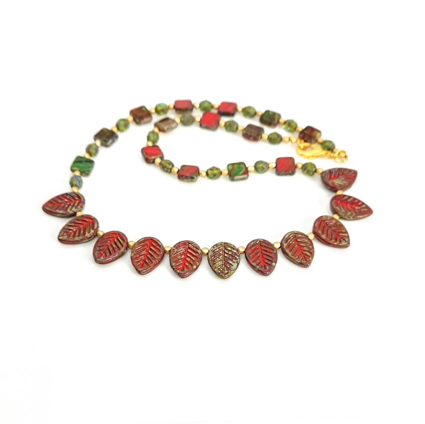 Leaves + Squares Red & Green Necklace