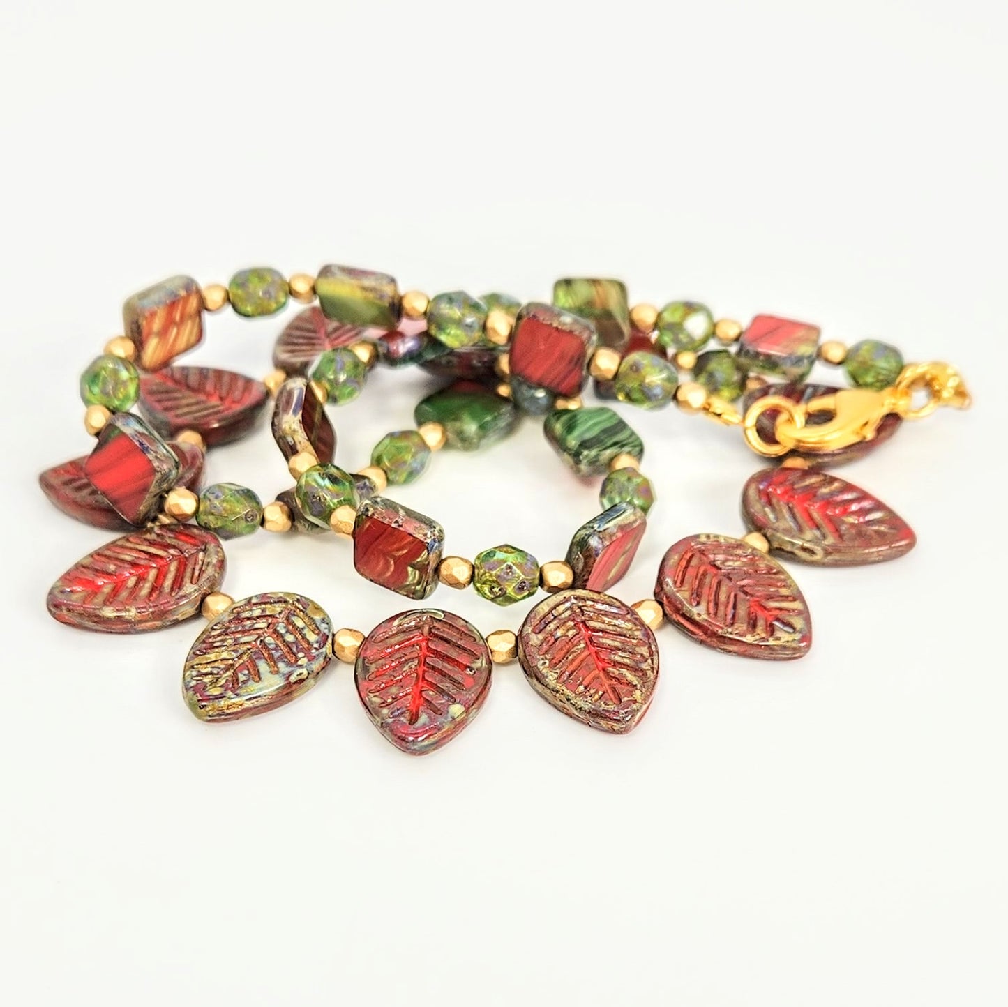 Leaves + Squares Red & Green Necklace