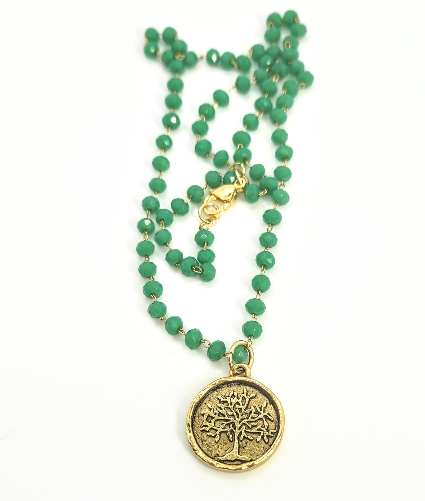 Tree + Green Crystal Chain Necklace