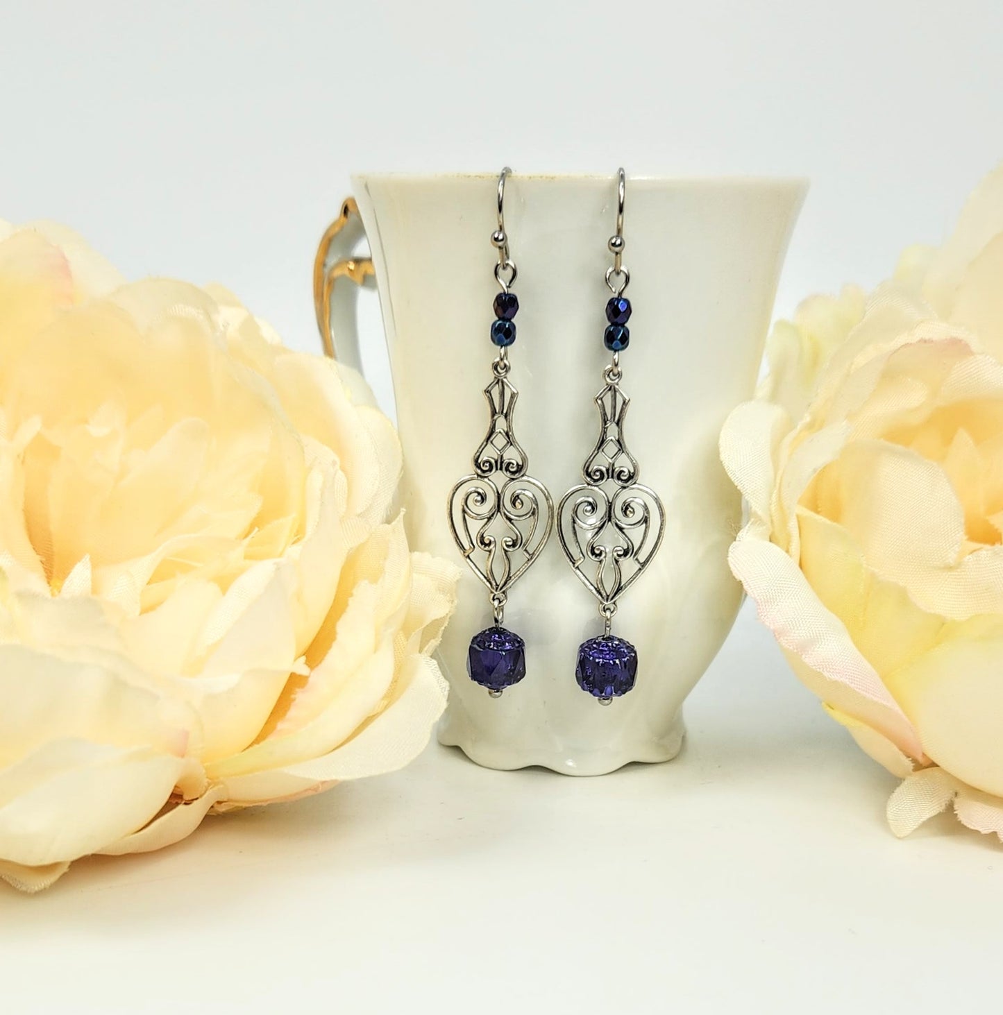 Indigo Victorian Heart + Cathedral Earrings