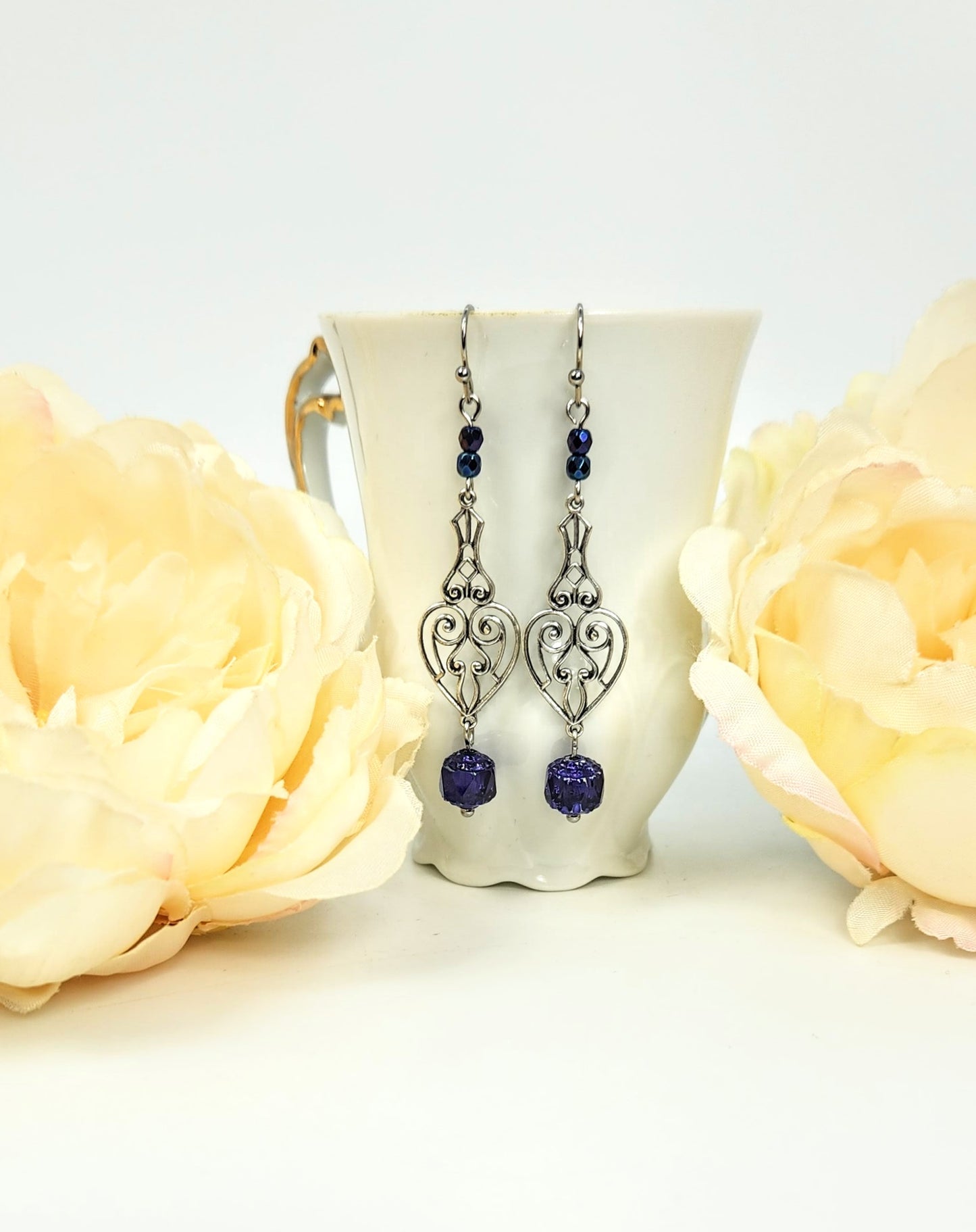 Indigo Victorian Heart + Cathedral Earrings