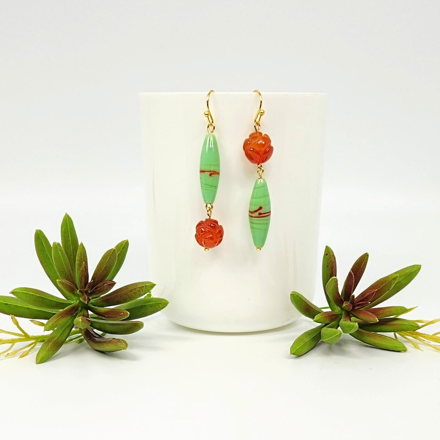 Carnelian + Green Ceramic Earrings