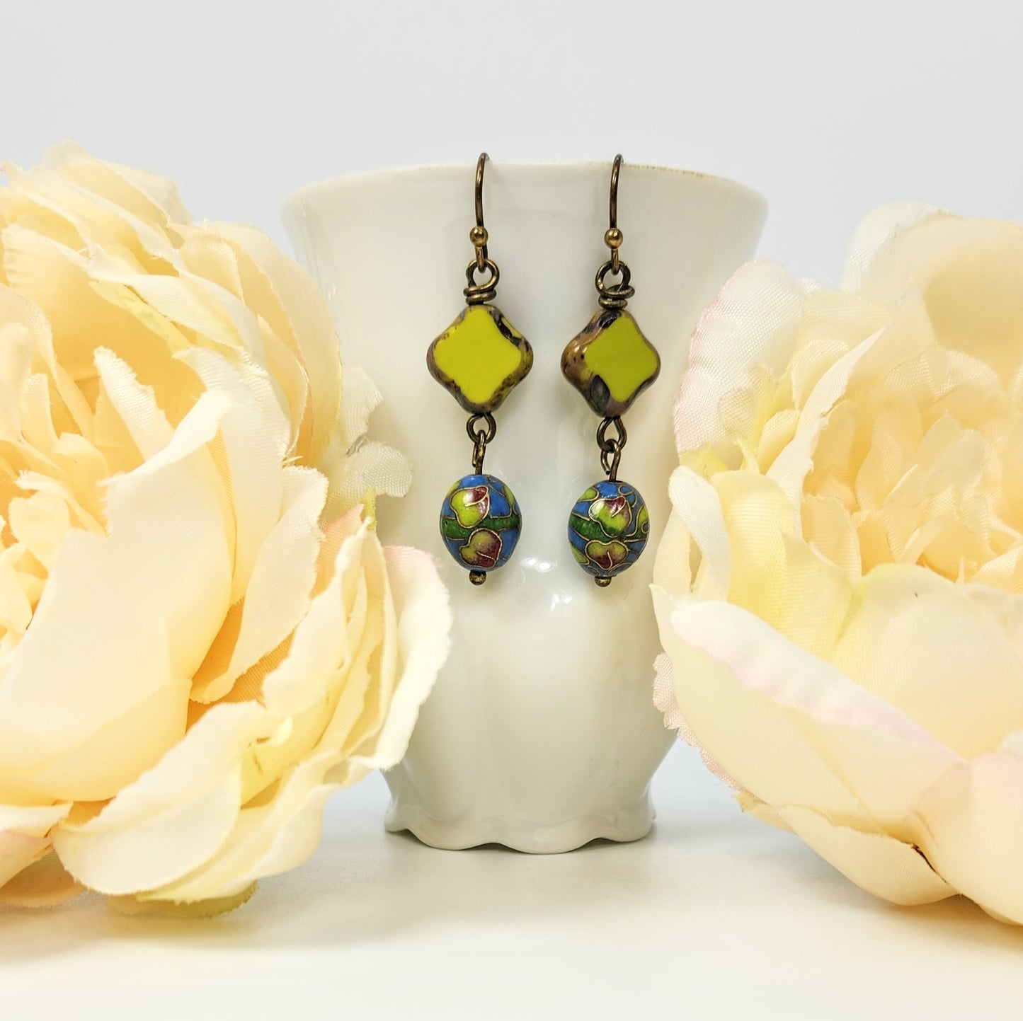 Vintage Cloisonne' + Czech Glass Earrings