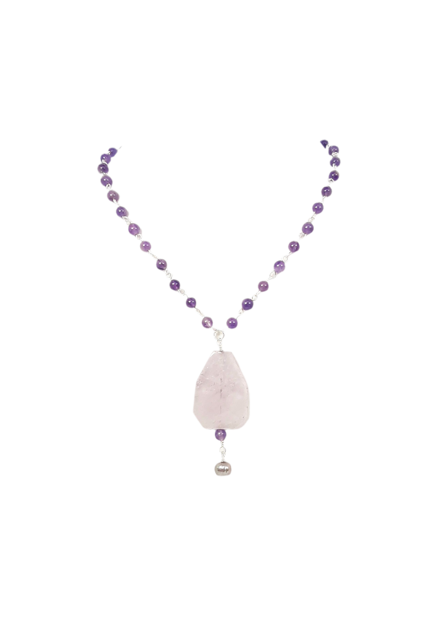 Amethyst Handmade Chain + Flourite Pendant+ Freshwater Pearl Drop Necklace