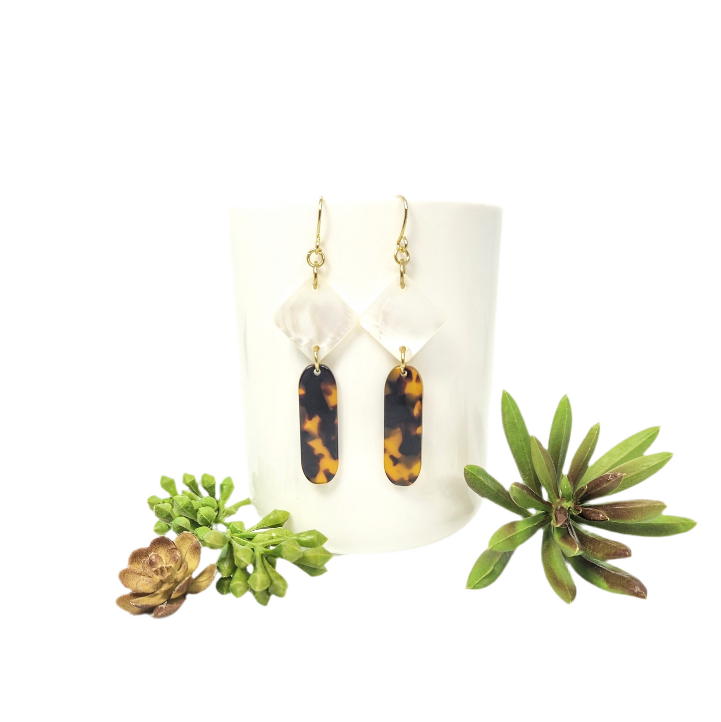 Mother of Pearl Diamond Link + Tortoise Earrings
