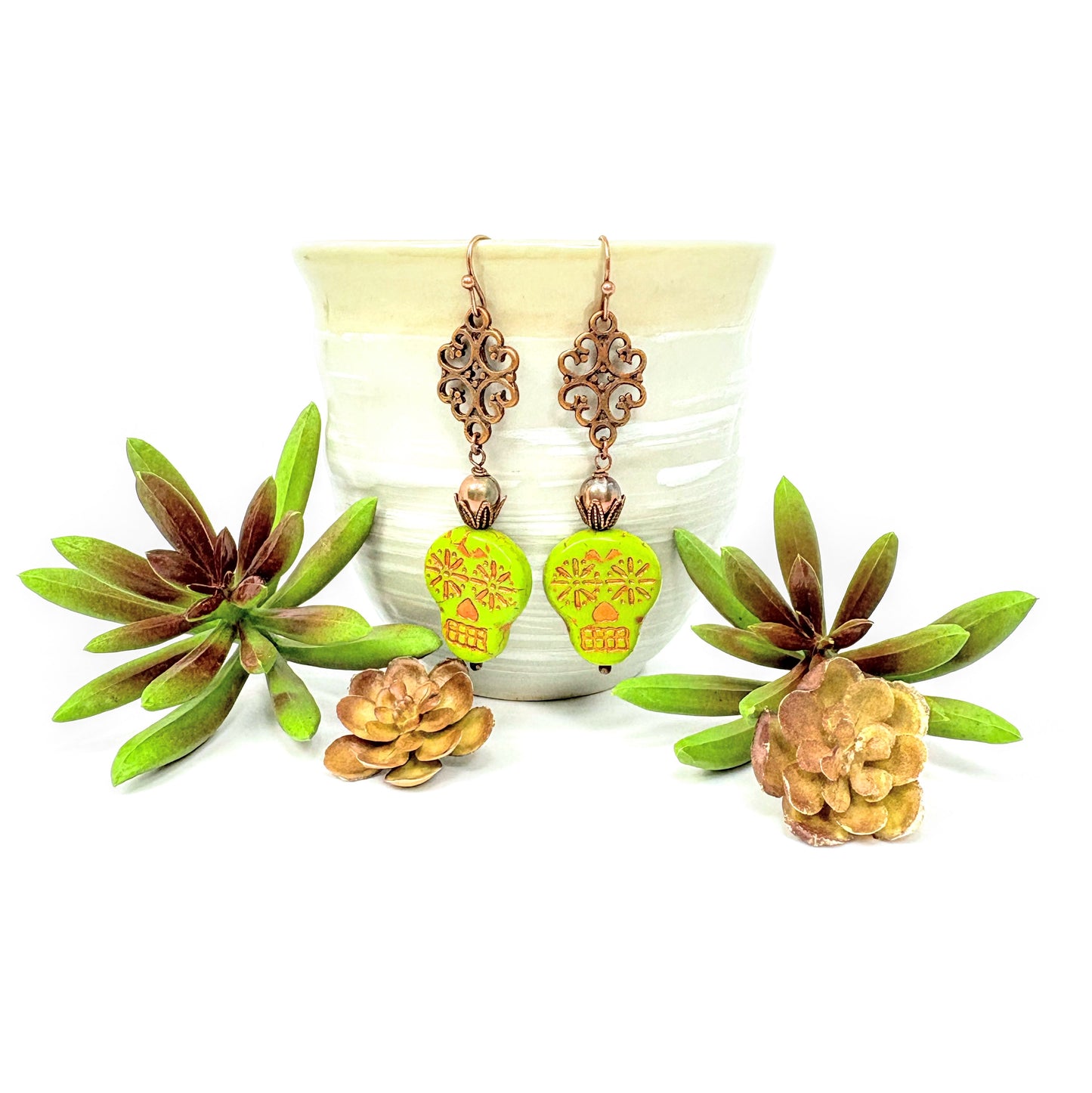 Chartreuse Skull + Crown Earrings