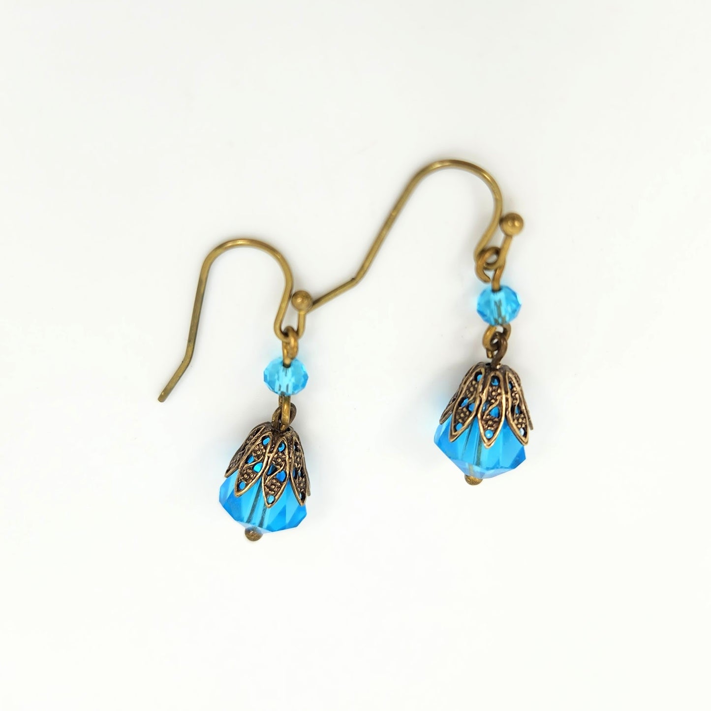 Blue Glass +Bead Cap Earrings