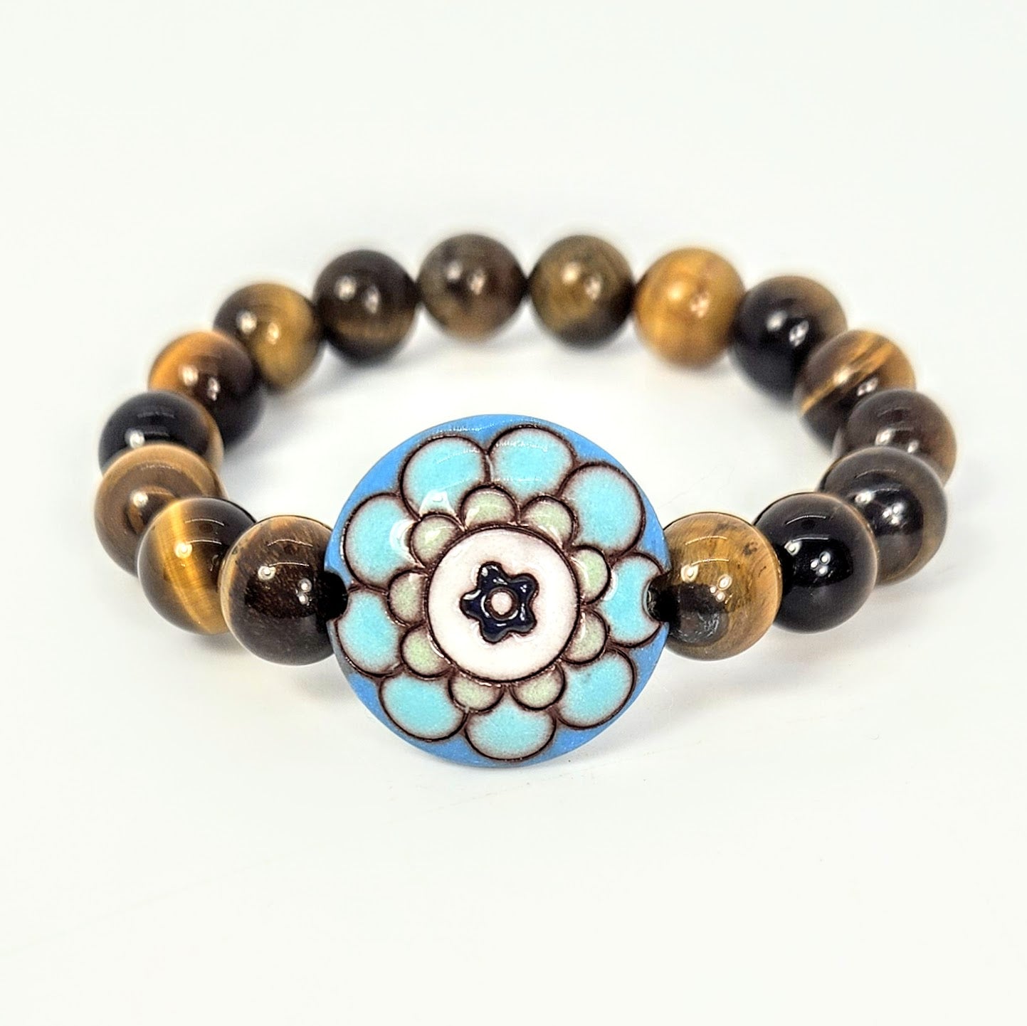 Tiger Eye + Blue Flower Bracelet
