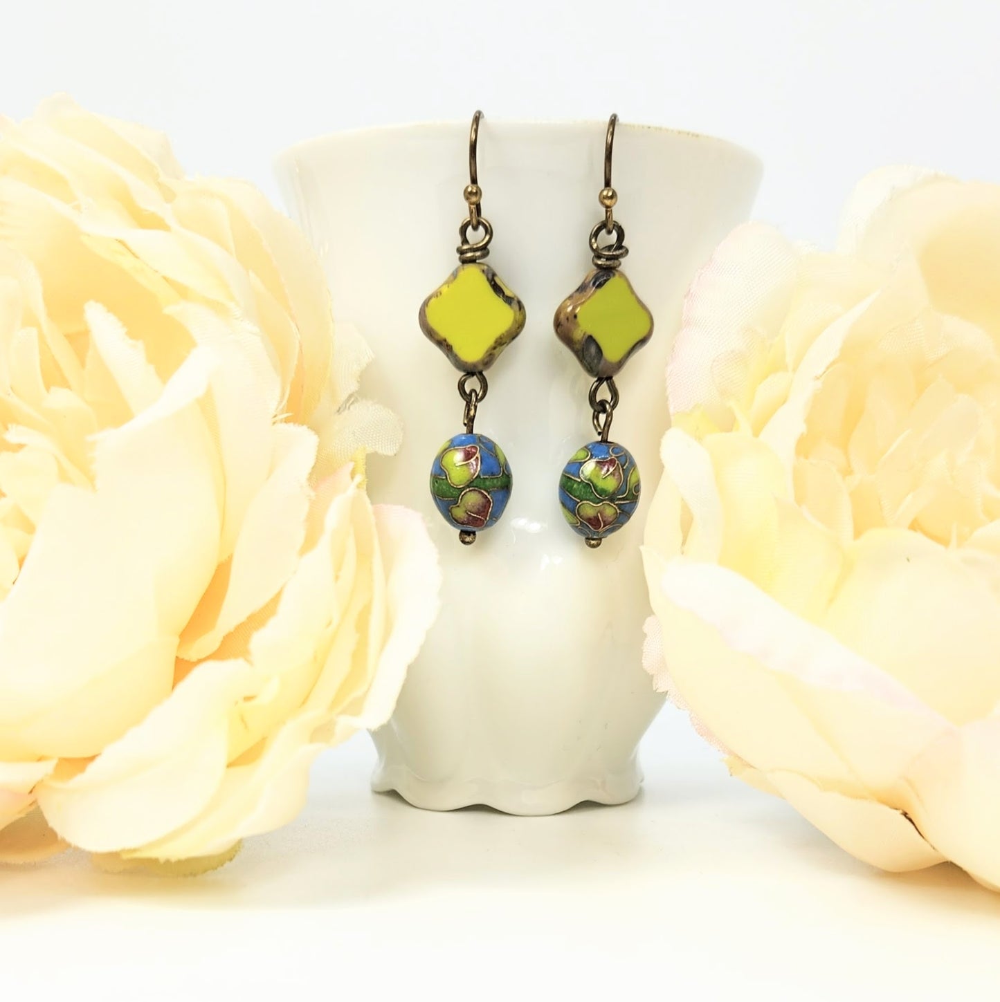 Vintage Cloisonne' + Czech Glass Earrings