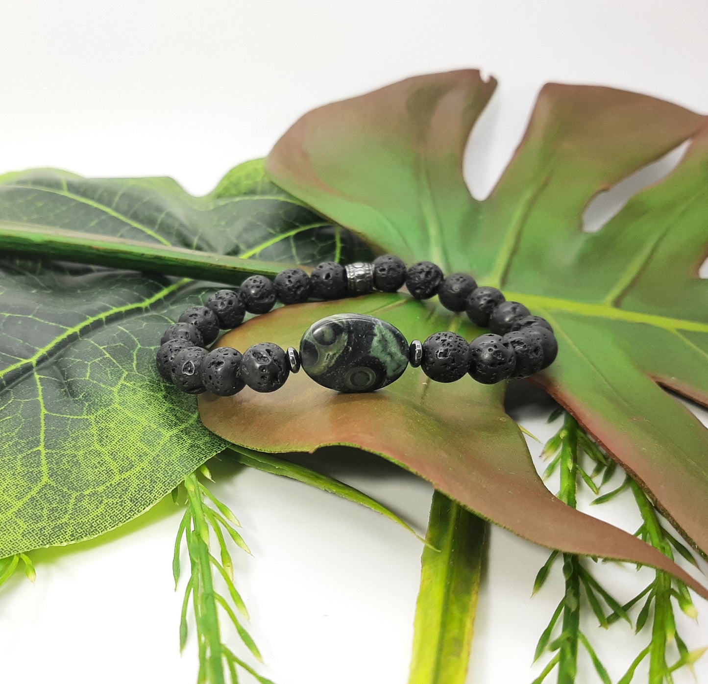 Lava Beads + Kambaba Jasper Focal Bracelet