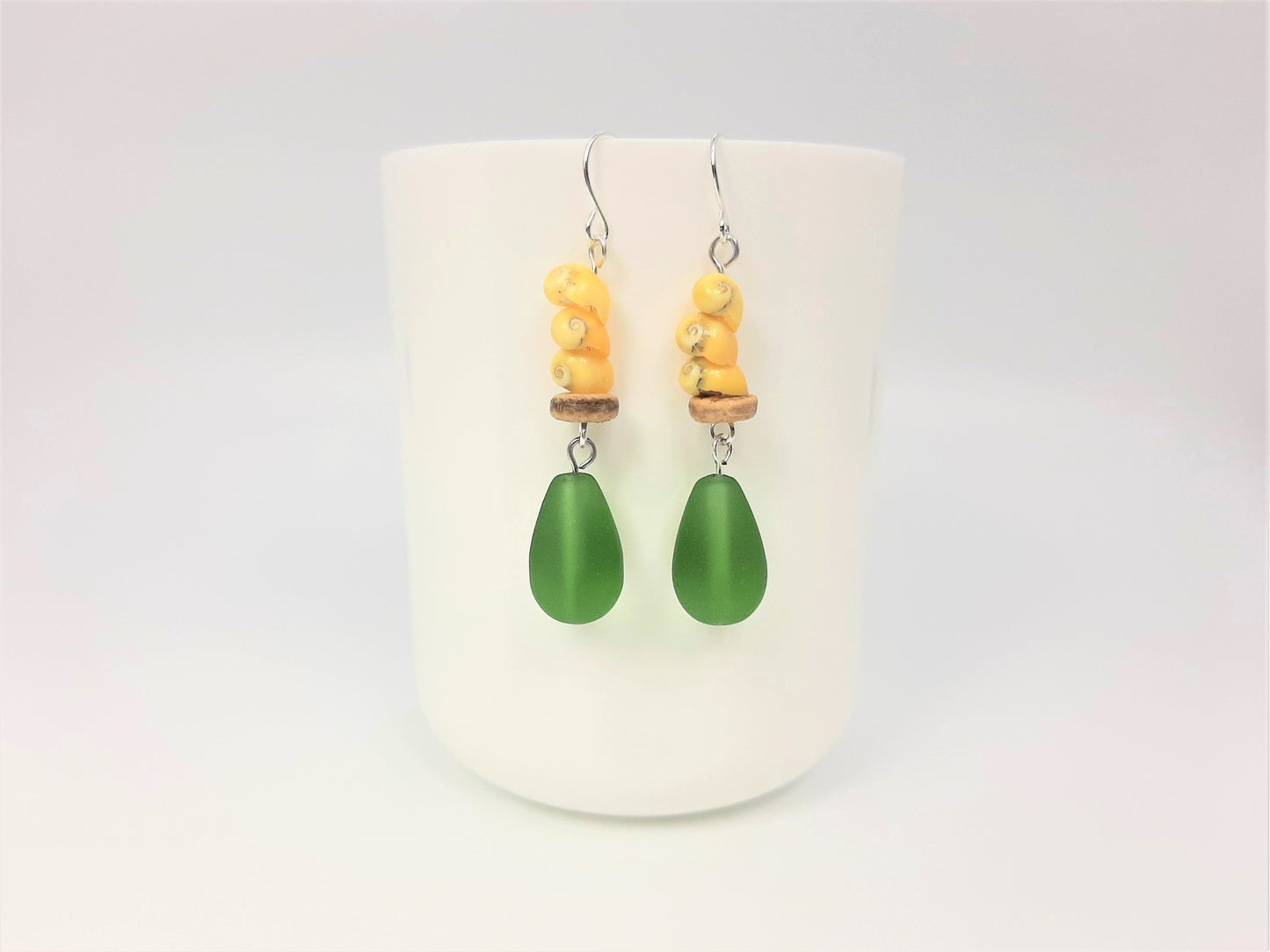 Snail Shells Gold + Coconut Spacers + Green Recycled Glass Teardrop Earrings