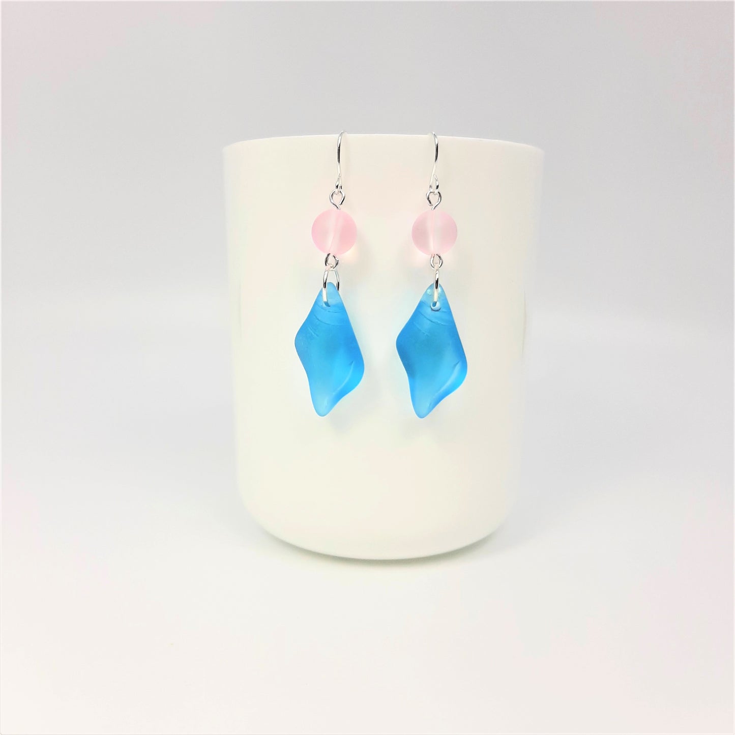 Recycled Glass Shells Blue + Pink Iridescent Fused Glass Earrings