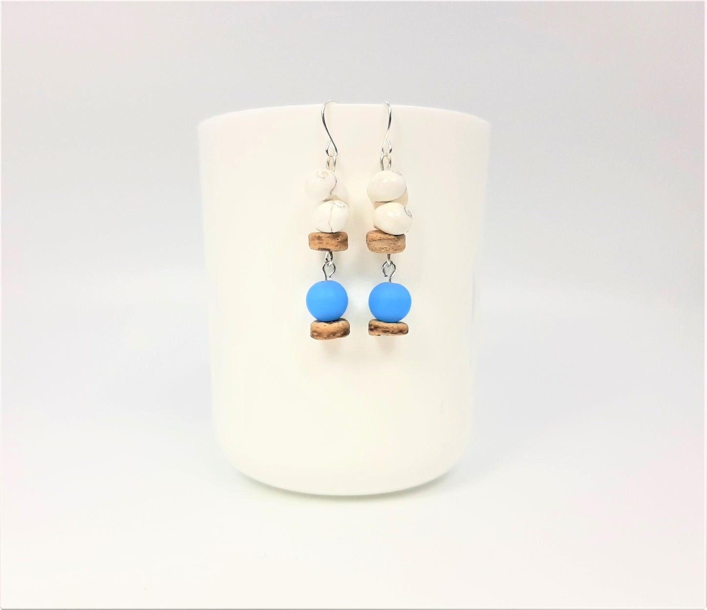 Snail Shell White + Coconut Beads + Recycled Glass Blue Earrings