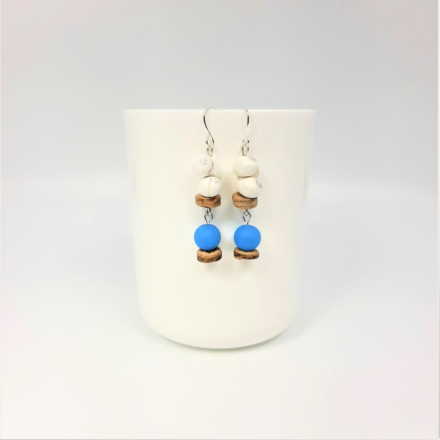 Snail Shell White + Coconut Beads + Recycled Glass Blue Earrings