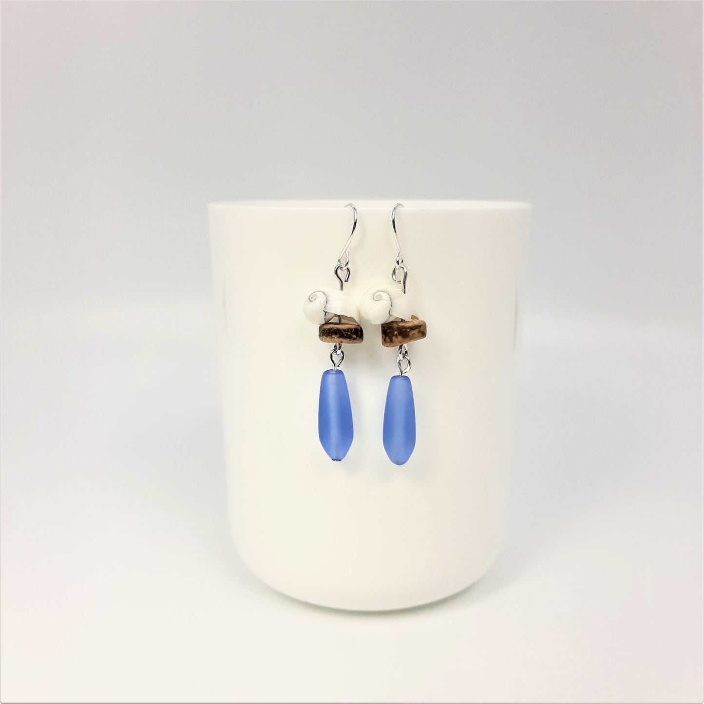 Snail Shell White + Recycled Glass Sea Blue Teardrop Earrings