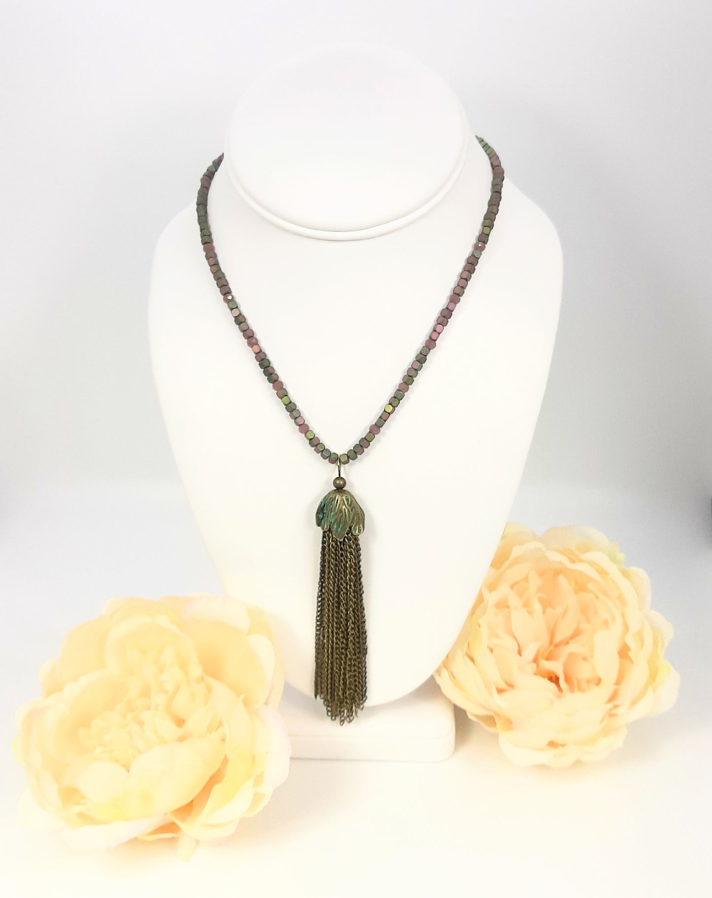 Tassel Patina Pendant + Hematite Dyed Cube Bead Necklace