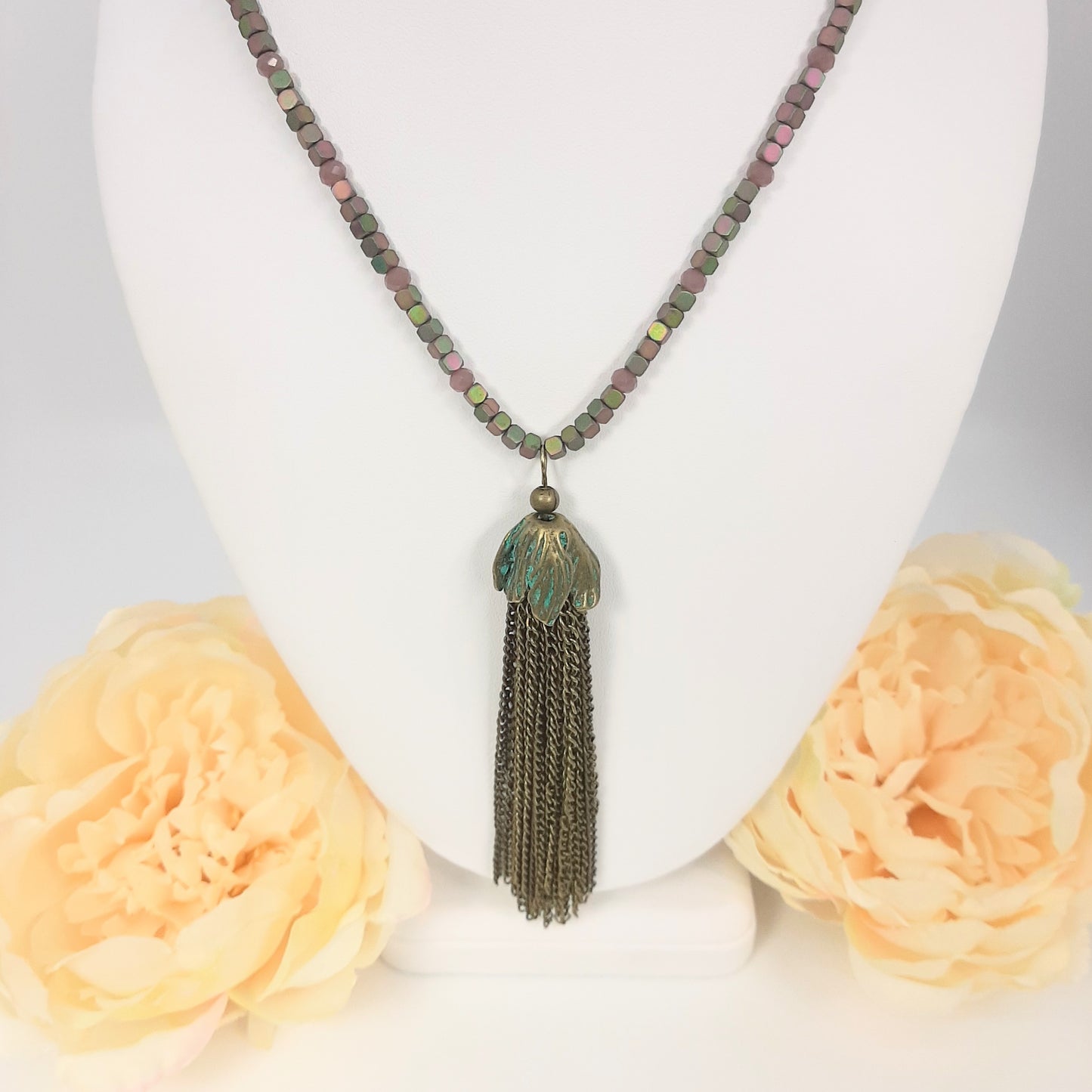 Tassel Patina Pendant + Hematite Dyed Cube Bead Necklace