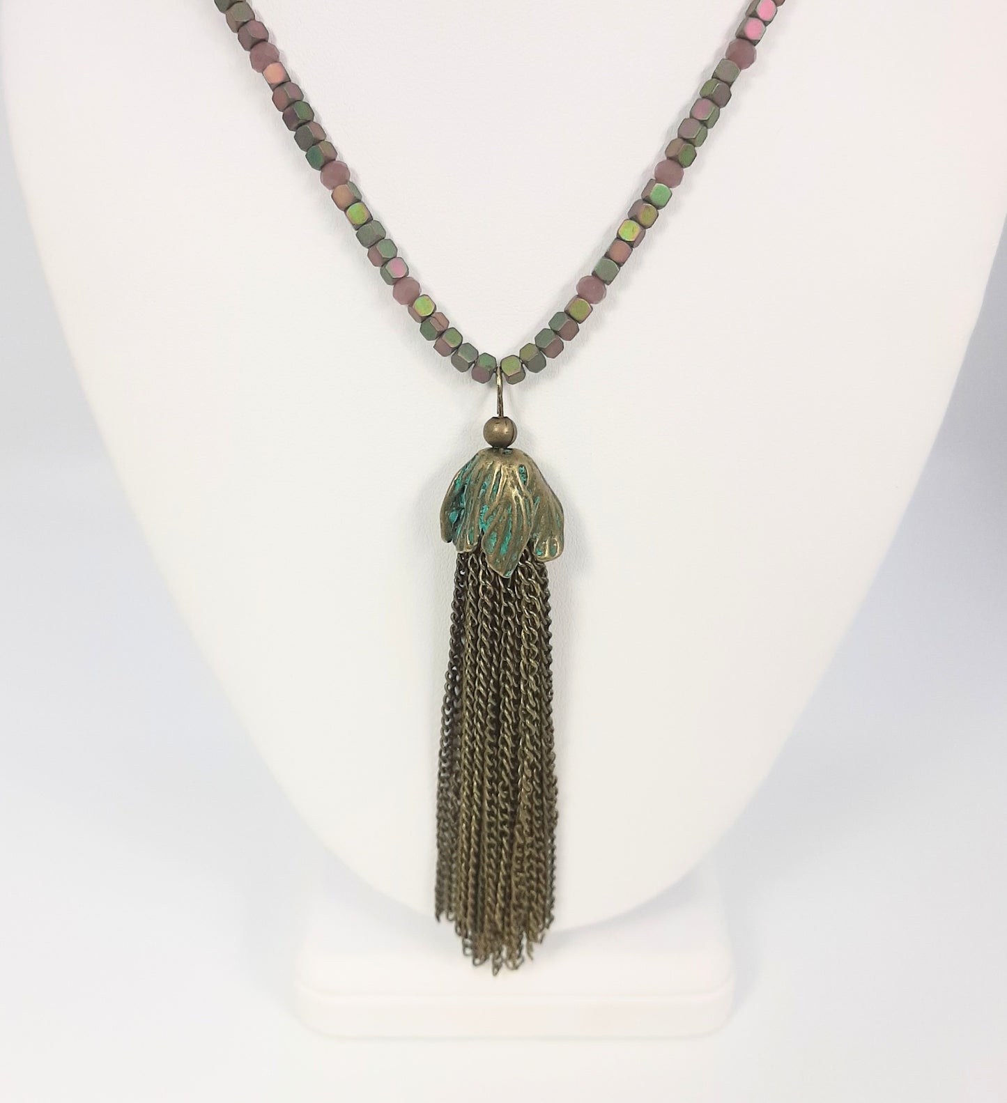 Tassel Patina Pendant + Hematite Dyed Cube Bead Necklace