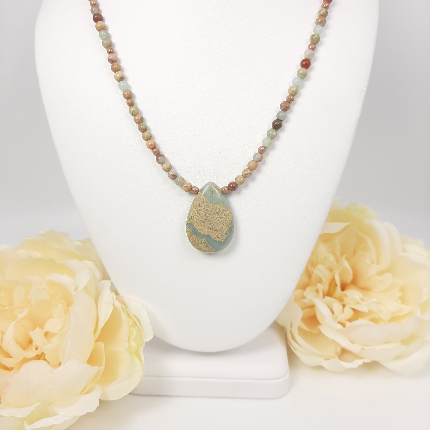 Blue Brown Snake Skin Jasper Teardrop Necklace