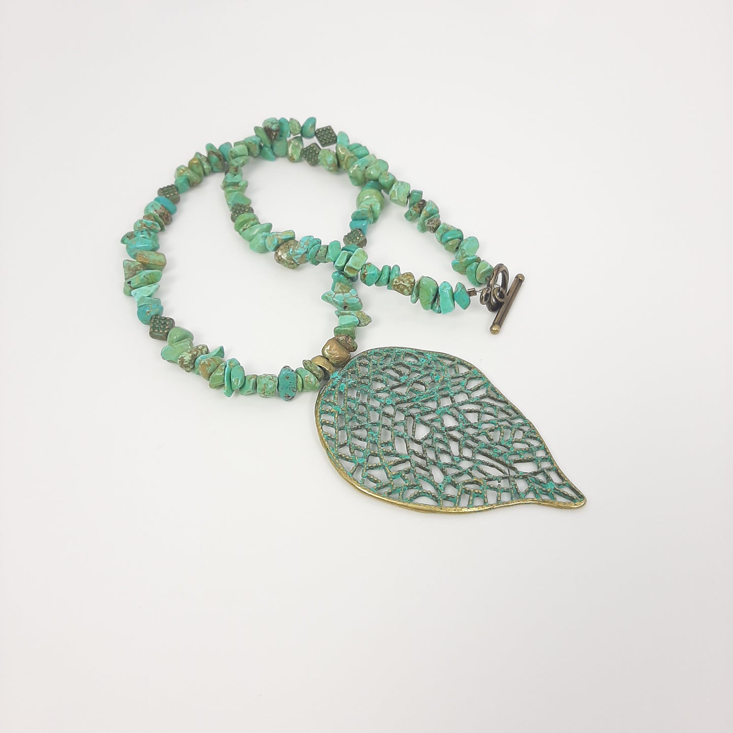 Howlite Dyed Chip Beads + Large Patina Leaf Pendant Necklace