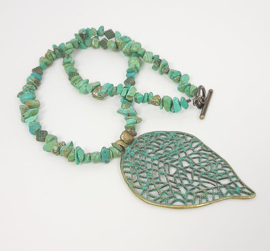 Howlite Dyed Chip Beads + Large Patina Leaf Pendant Necklace