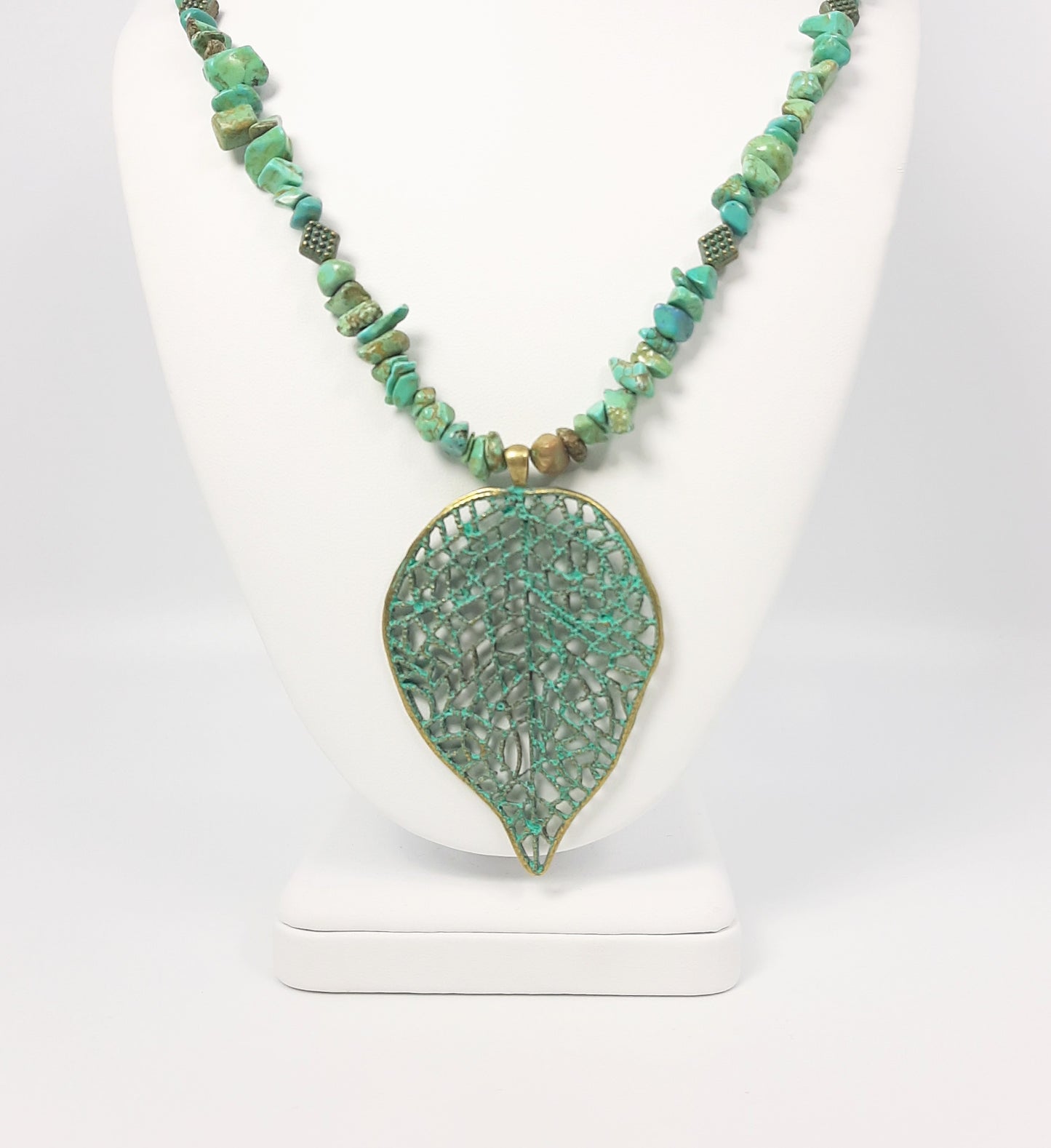 Howlite Dyed Chip Beads + Large Patina Leaf Pendant Necklace
