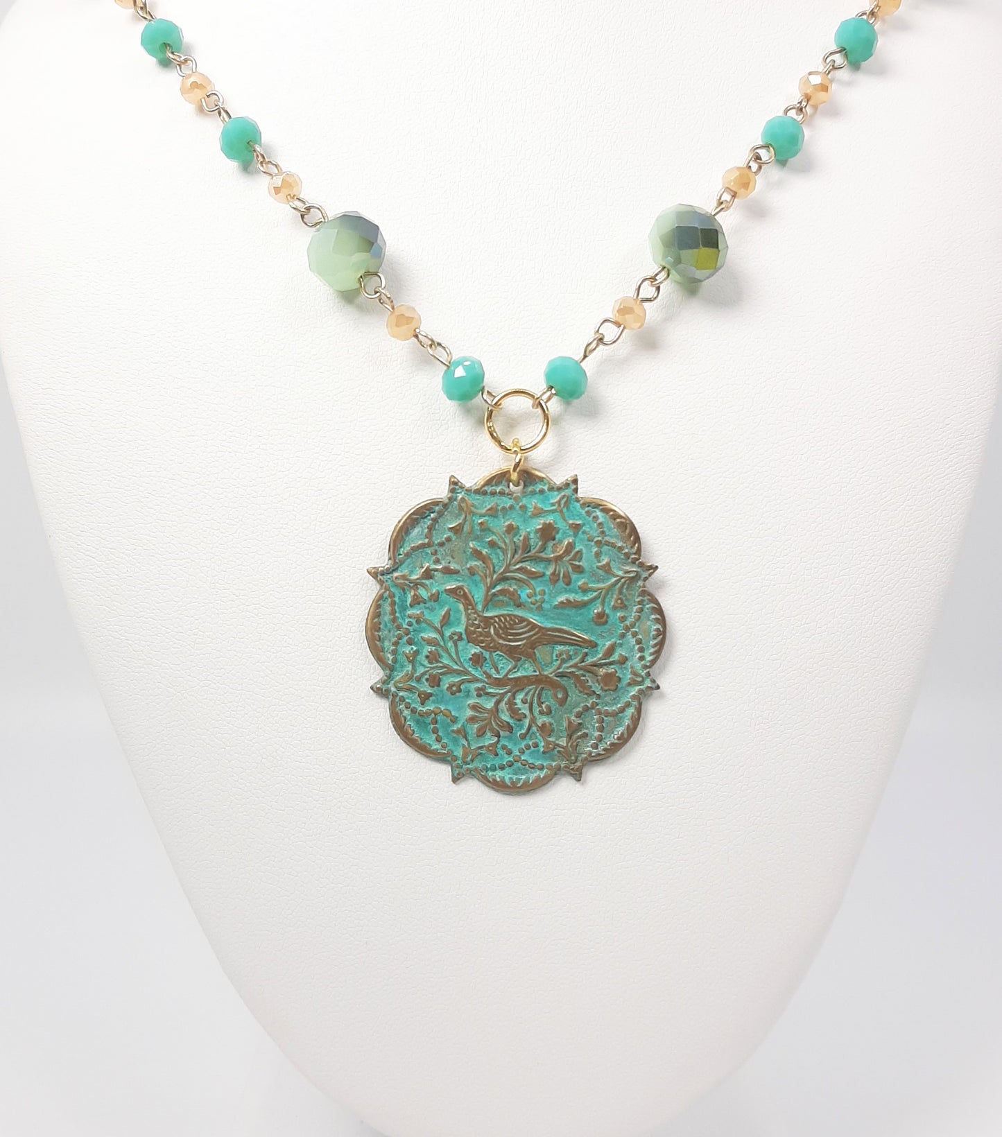 Bird Tapestry Patina Medallion + Shimmering Handmade Chain Necklaces