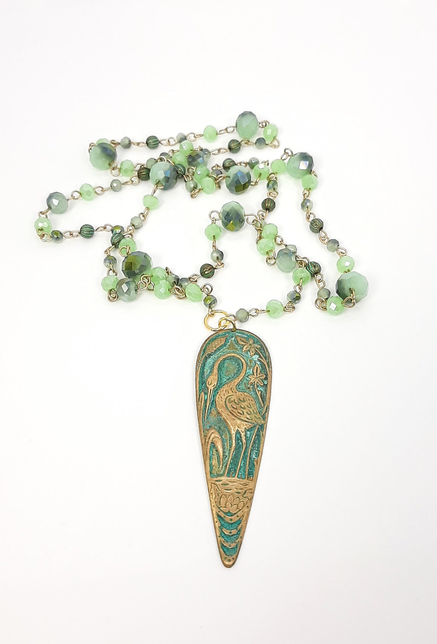 Heron Teardrop Patina Pendant + Shimmering Glass Handmade Chain Necklace
