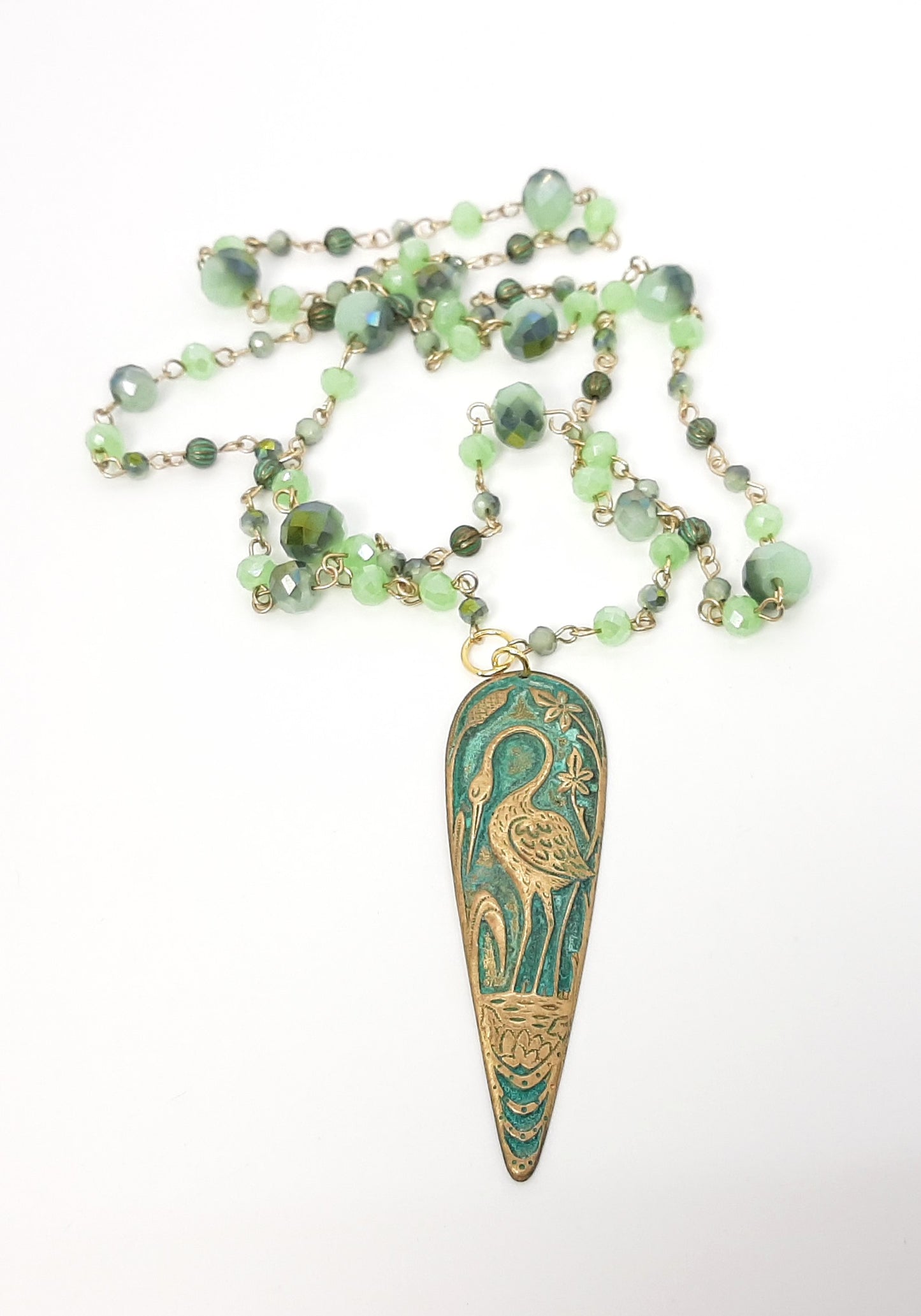 Heron Teardrop Patina Pendant + Shimmering Glass Handmade Chain Necklace