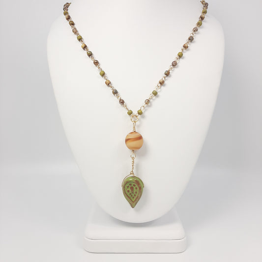 Paisley Ceramic Pendant + Handmade Fired Czech Glass Beaded Chain Necklace