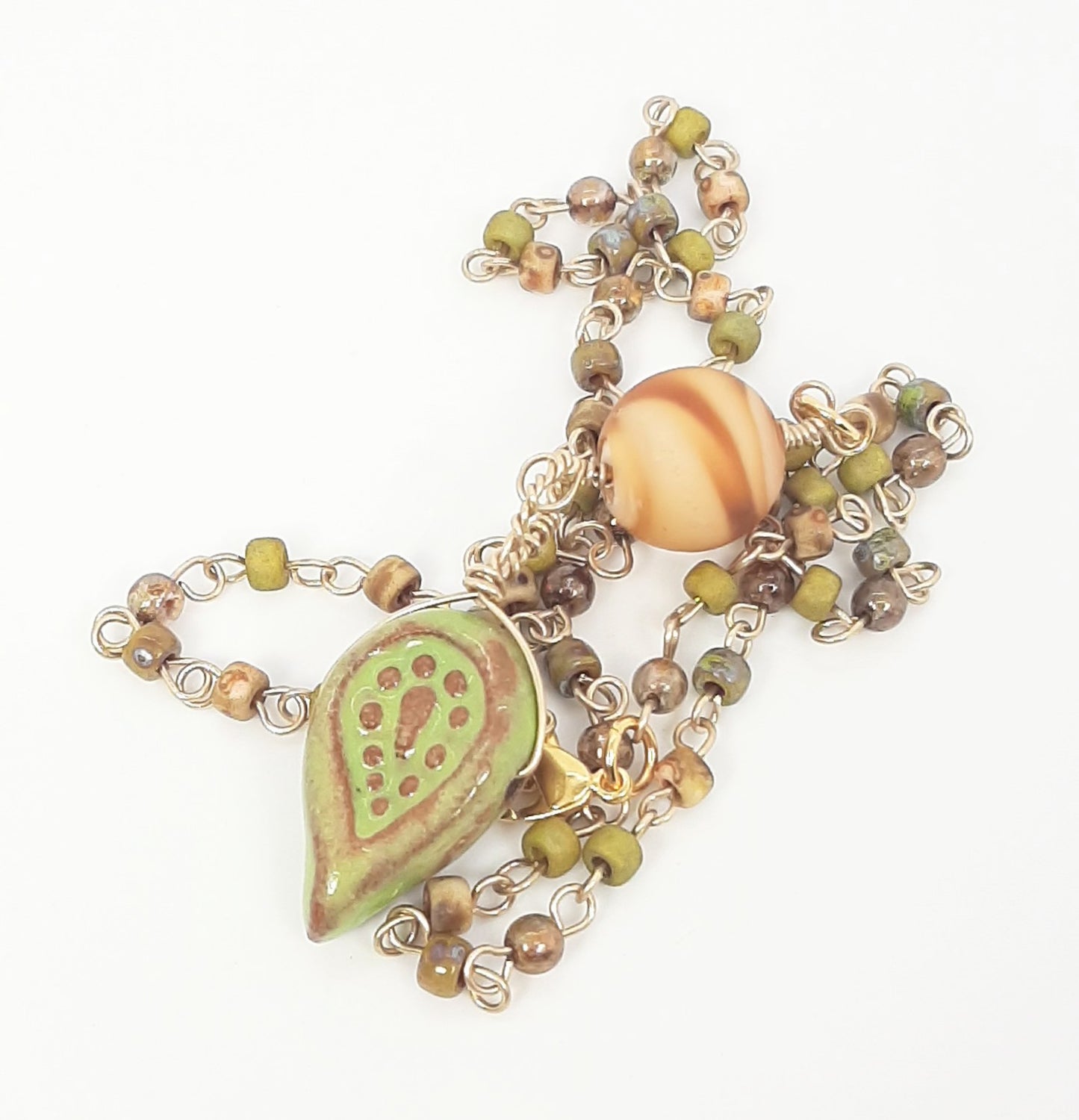 Paisley Ceramic Pendant + Handmade Fired Czech Glass Beaded Chain Necklace
