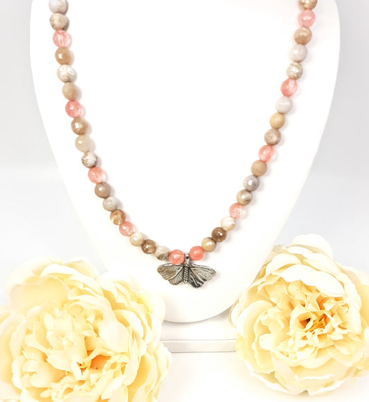 Faceted Cherry Quartz + Dentric Fossil + Moth Pendant Necklace