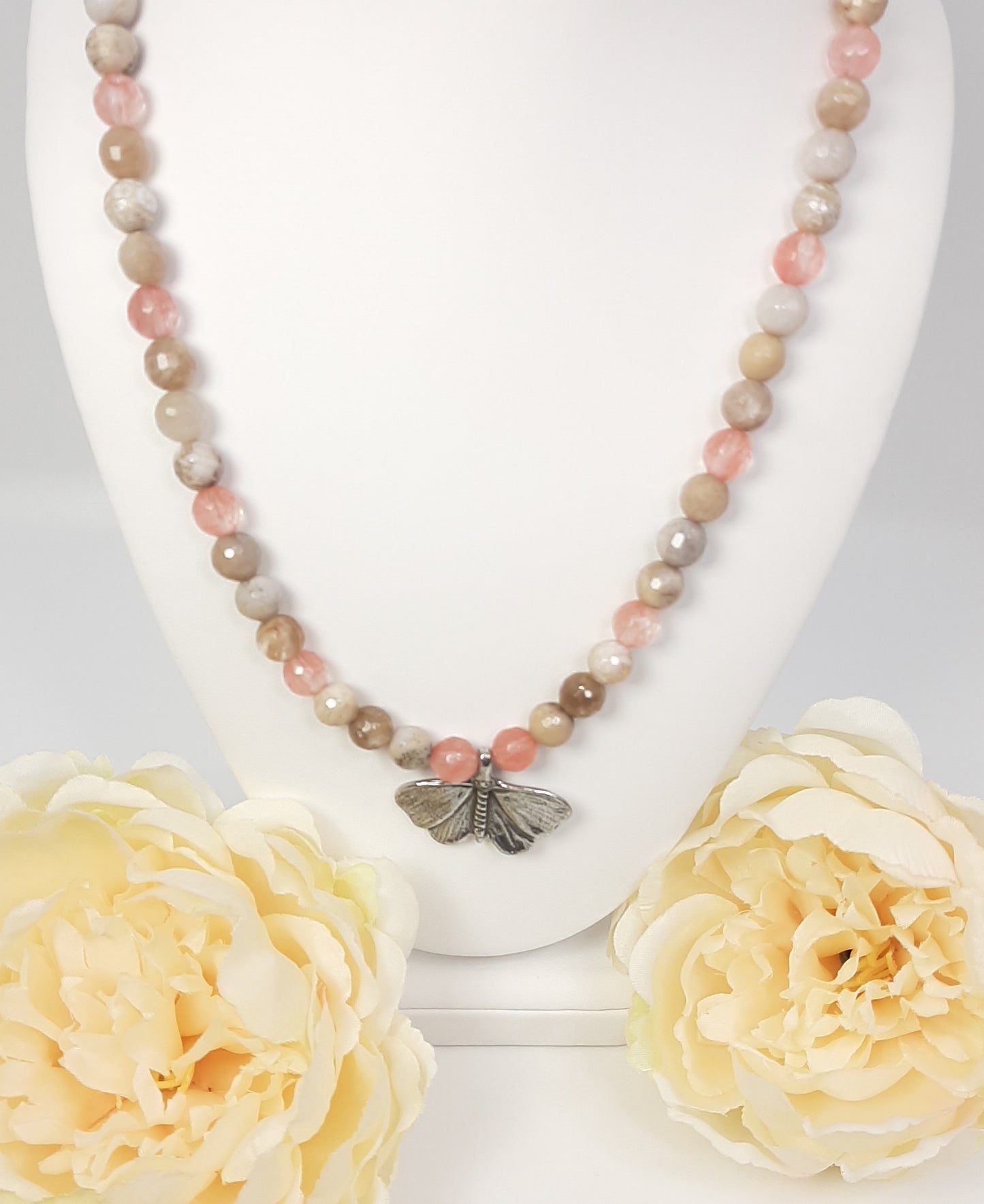 Faceted Cherry Quartz + Dentric Fossil + Moth Pendant Necklace