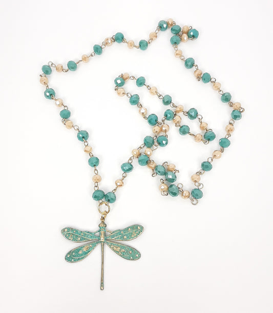 Dragonfly Patina Pendant Necklace + Shimmering Handmade Chain