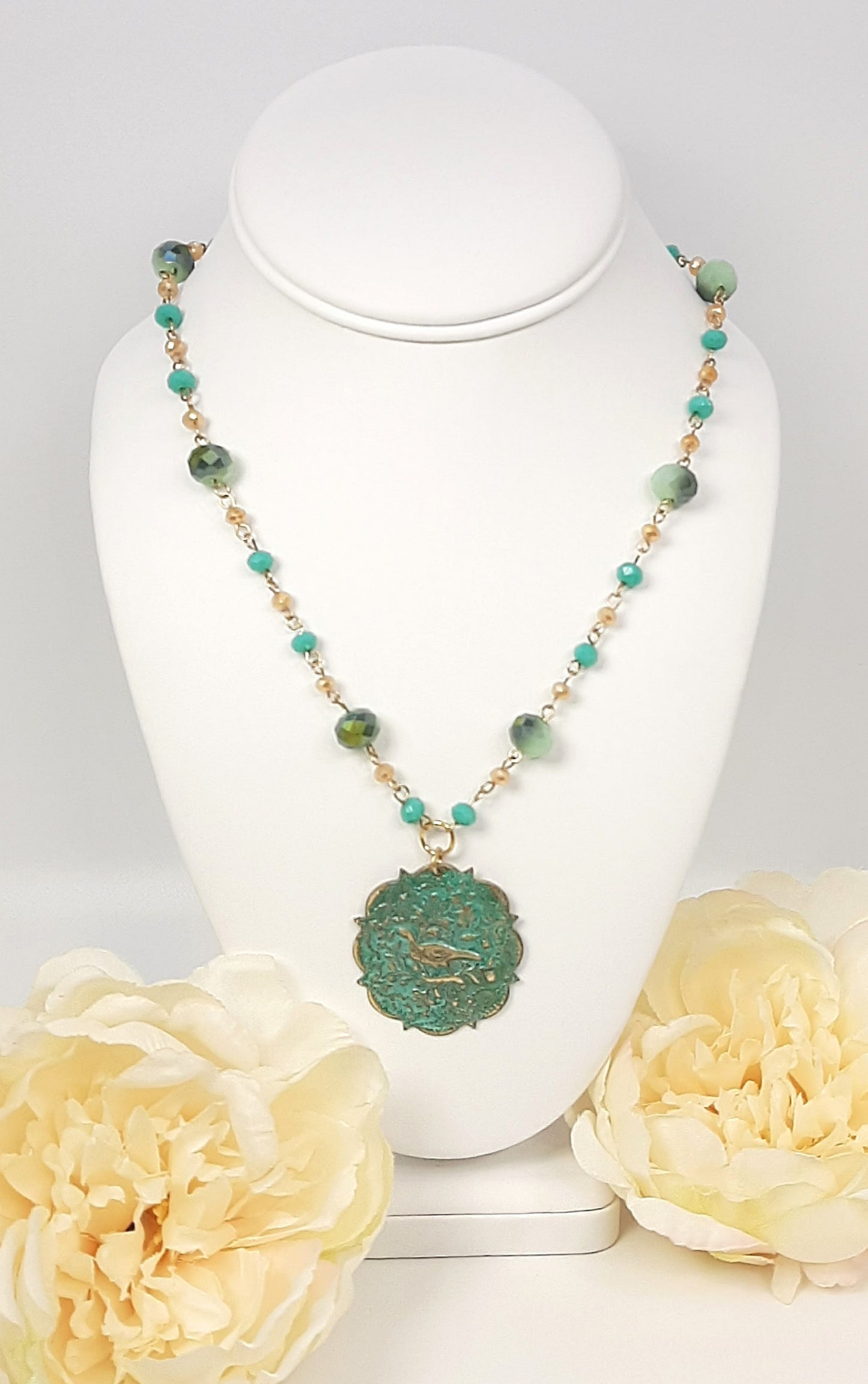 Bird Tapestry Patina Medallion + Shimmering Handmade Chain Necklaces