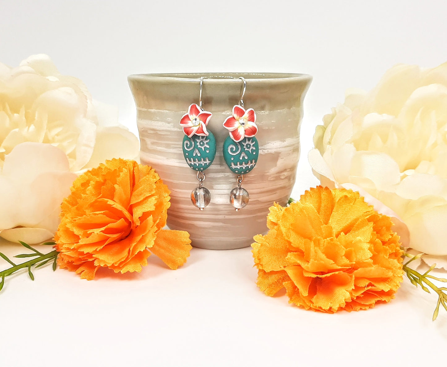 Matte Turquoise Skull + Crimson Hibiscus Earrings