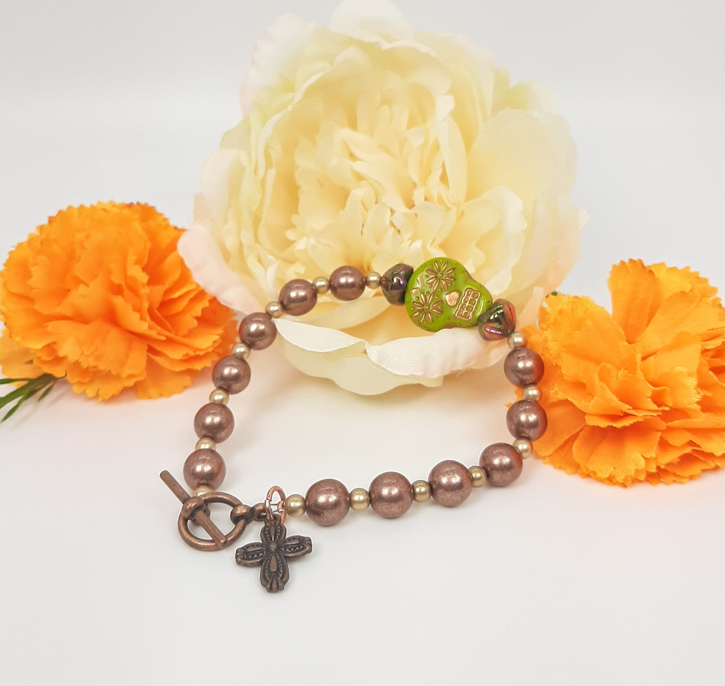 Chartreuse Skull + Latte Czech Glass Bracelet